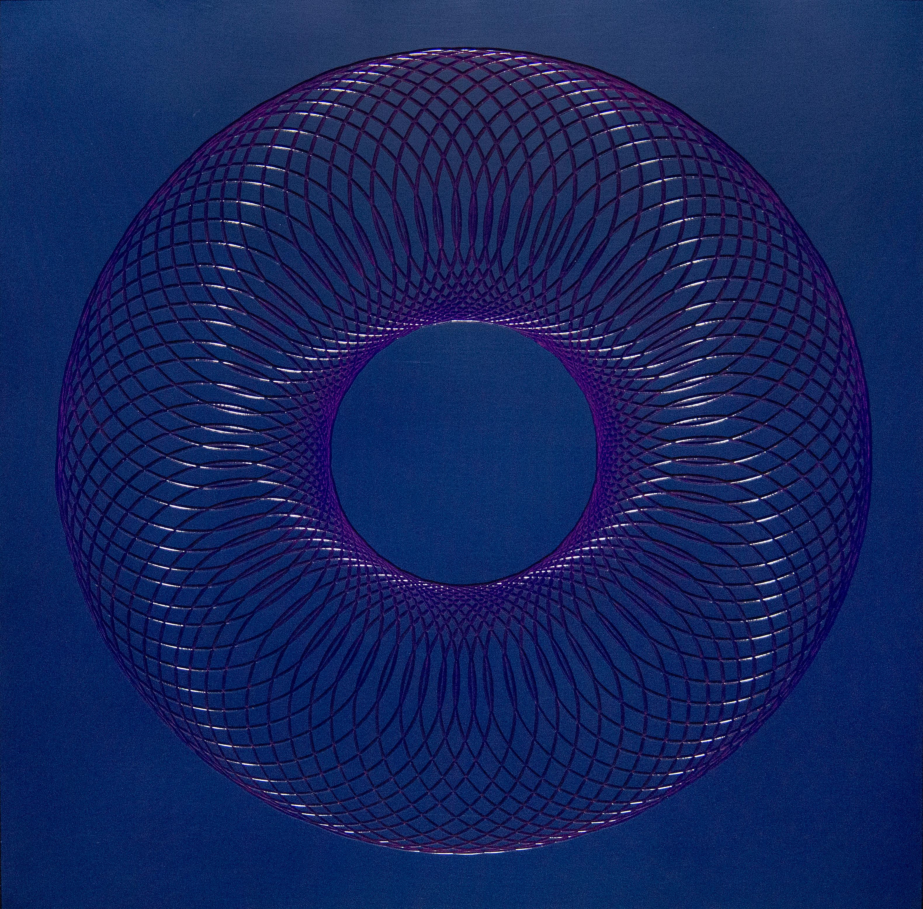 James Minden Abstract Painting - 51801- blue purple abstract geometric holographic light drawing on wood panel