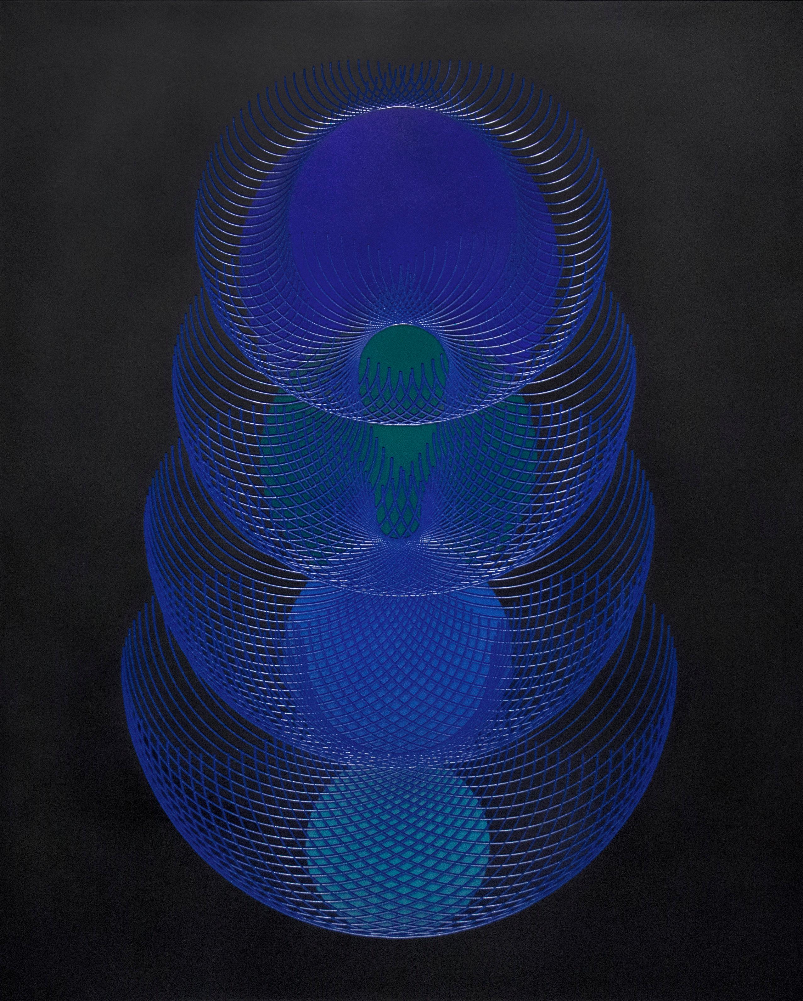51902- disegno astratto geometrico olografico blu e nero su pannello di legno