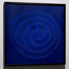 51904- blue circle abstract geometric holographic light drawing on wood panel