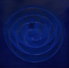 51904- blue circle abstract geometric holographic light drawing on wood panel
