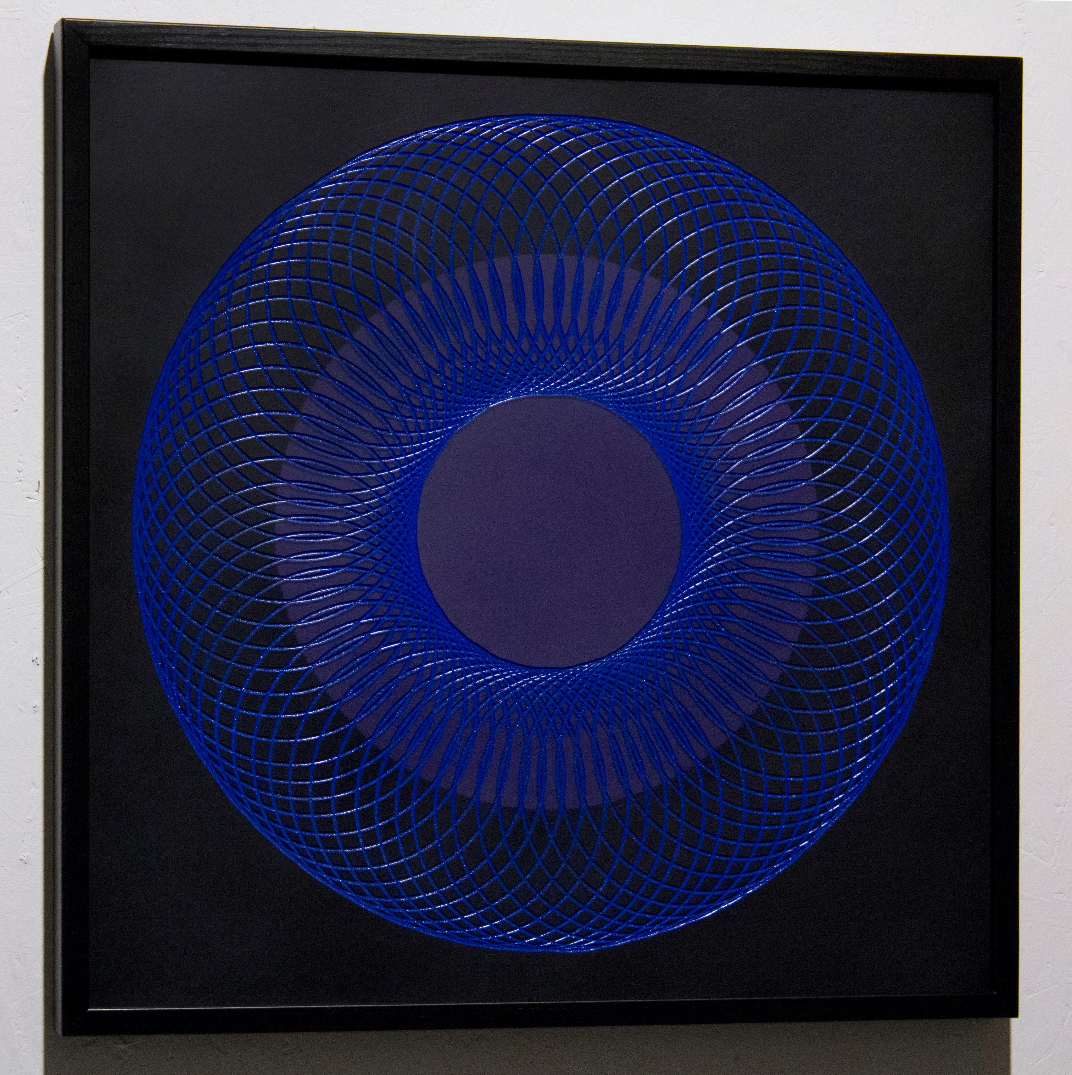 51905- blue circle abstract geometric holographic light drawing on wood panel - Painting by James Minden