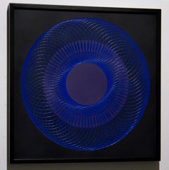 51905- blue circle abstract geometric holographic light drawing on wood panel