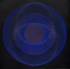51905- blue circle abstract geometric holographic light drawing on wood panel