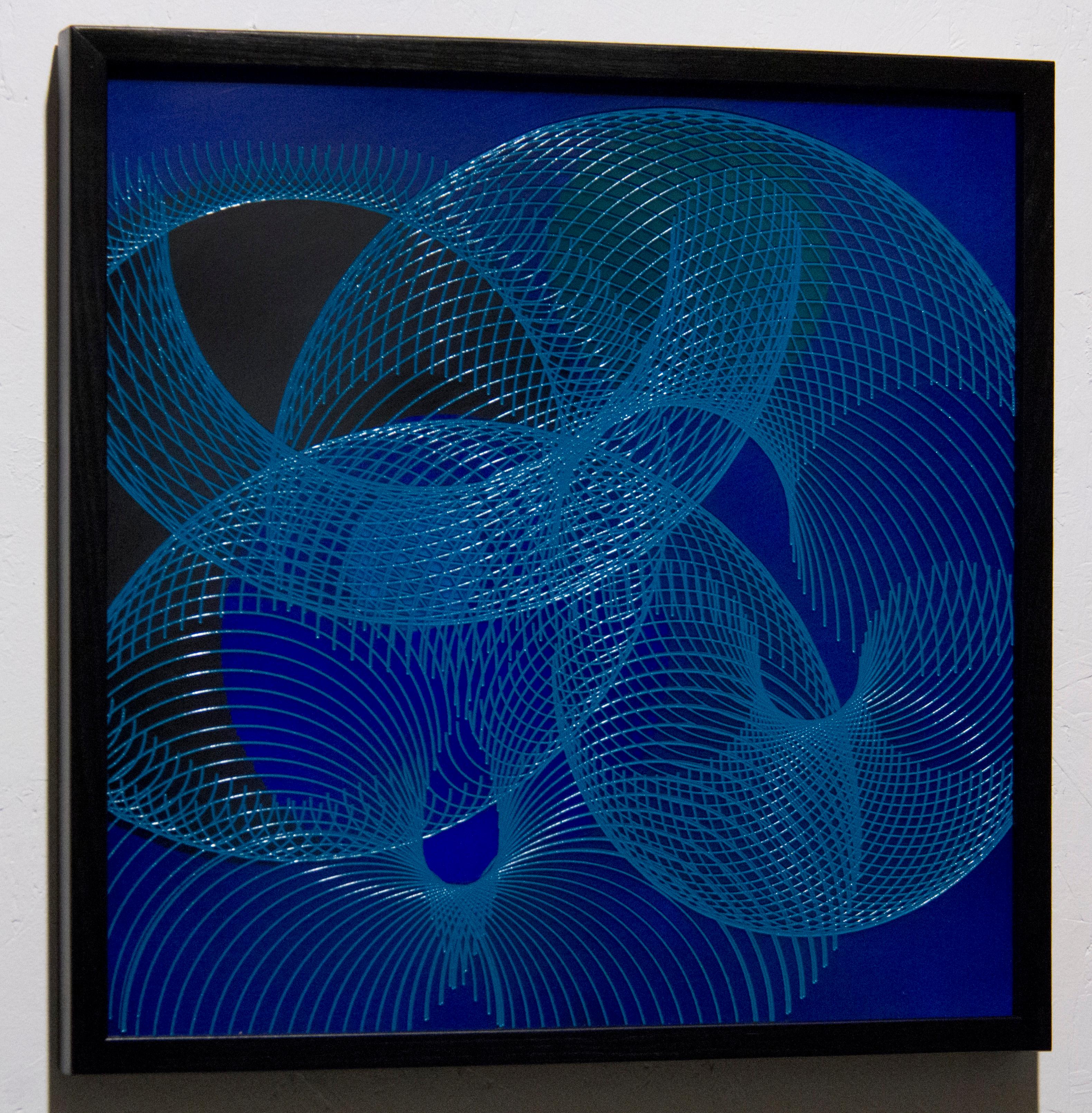 51906- blue circle abstract geometric holographic light drawing on wood panel - Painting by James Minden
