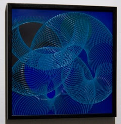 51906- blue circle abstract geometric holographic light drawing on wood panel