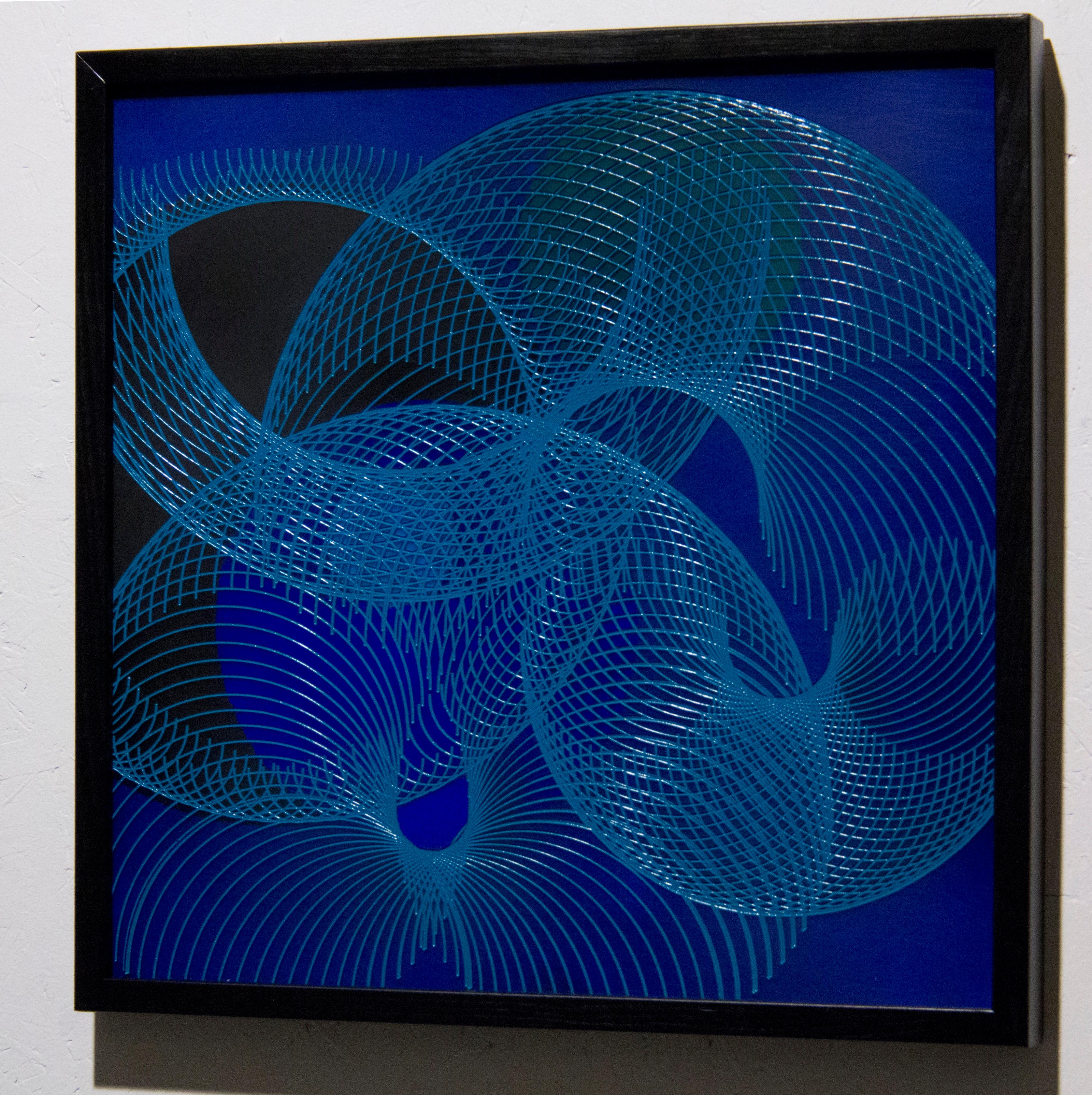 51906- blue circle abstract geometric holographic light drawing on wood panel - Abstract Geometric Painting by James Minden