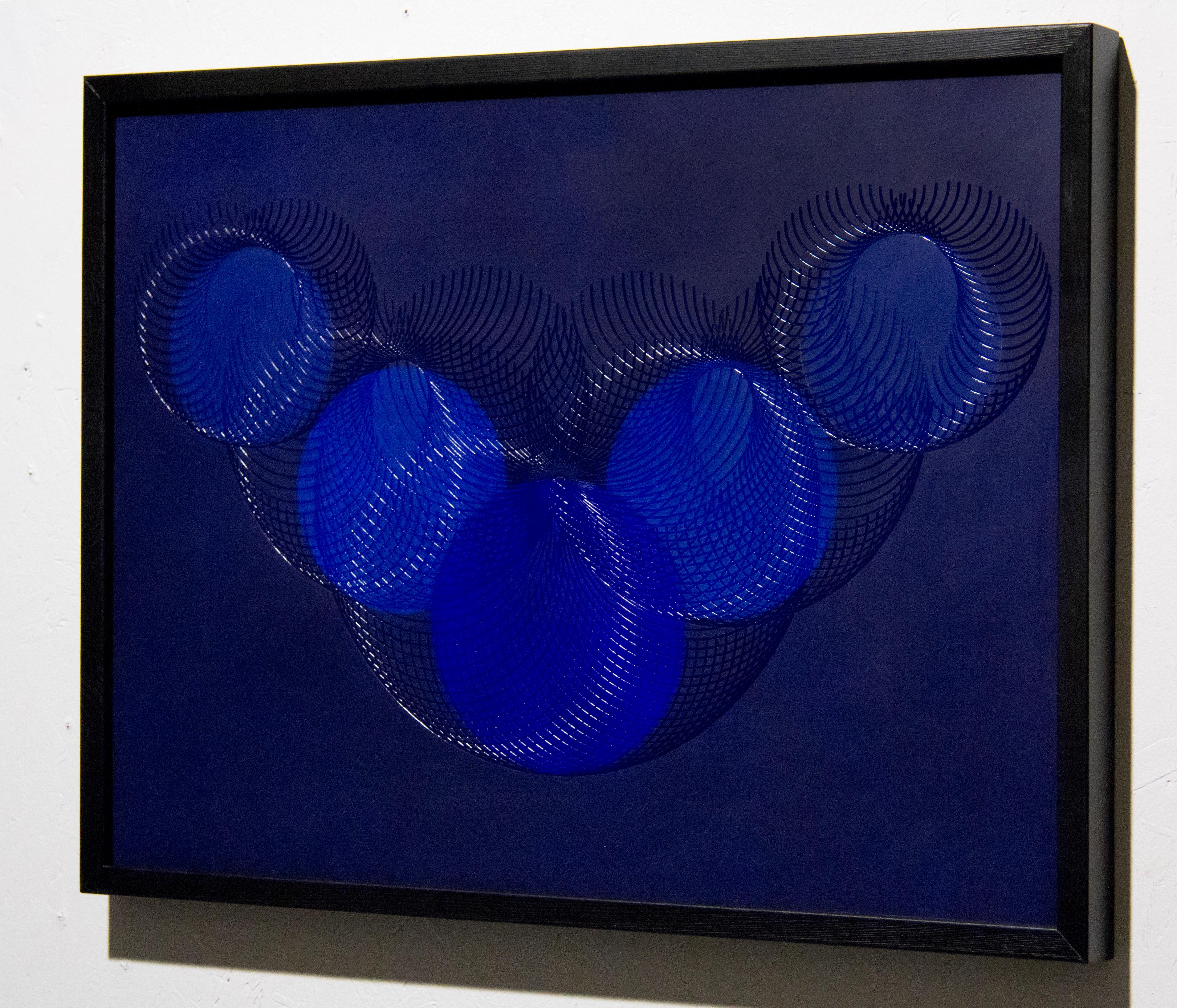 51908- blue circle abstract geometric holographic light drawing on wood panel - Painting by James Minden