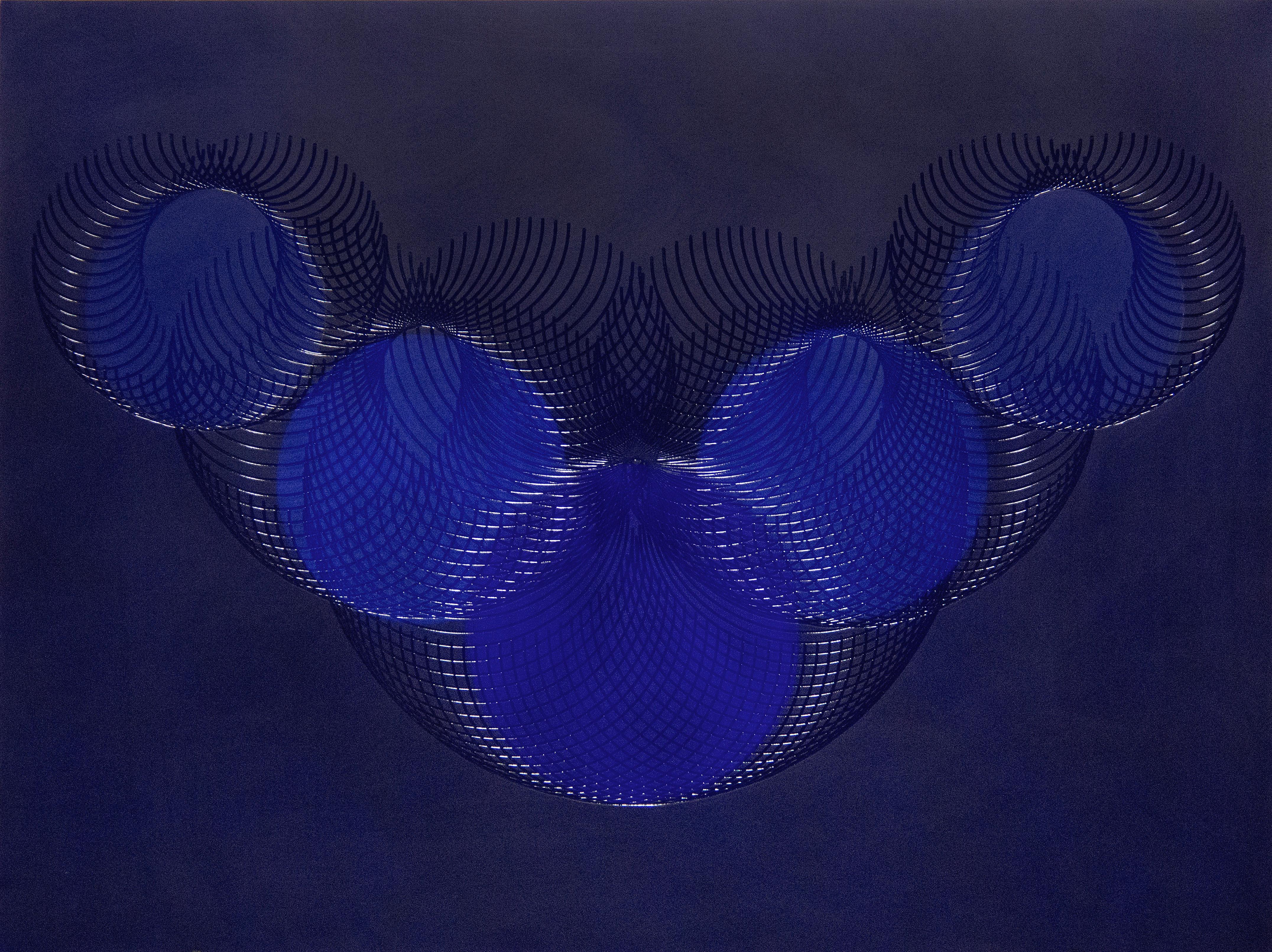 51908- cerchio blu astratto geometrico olografico disegno luminoso su pannello di legno