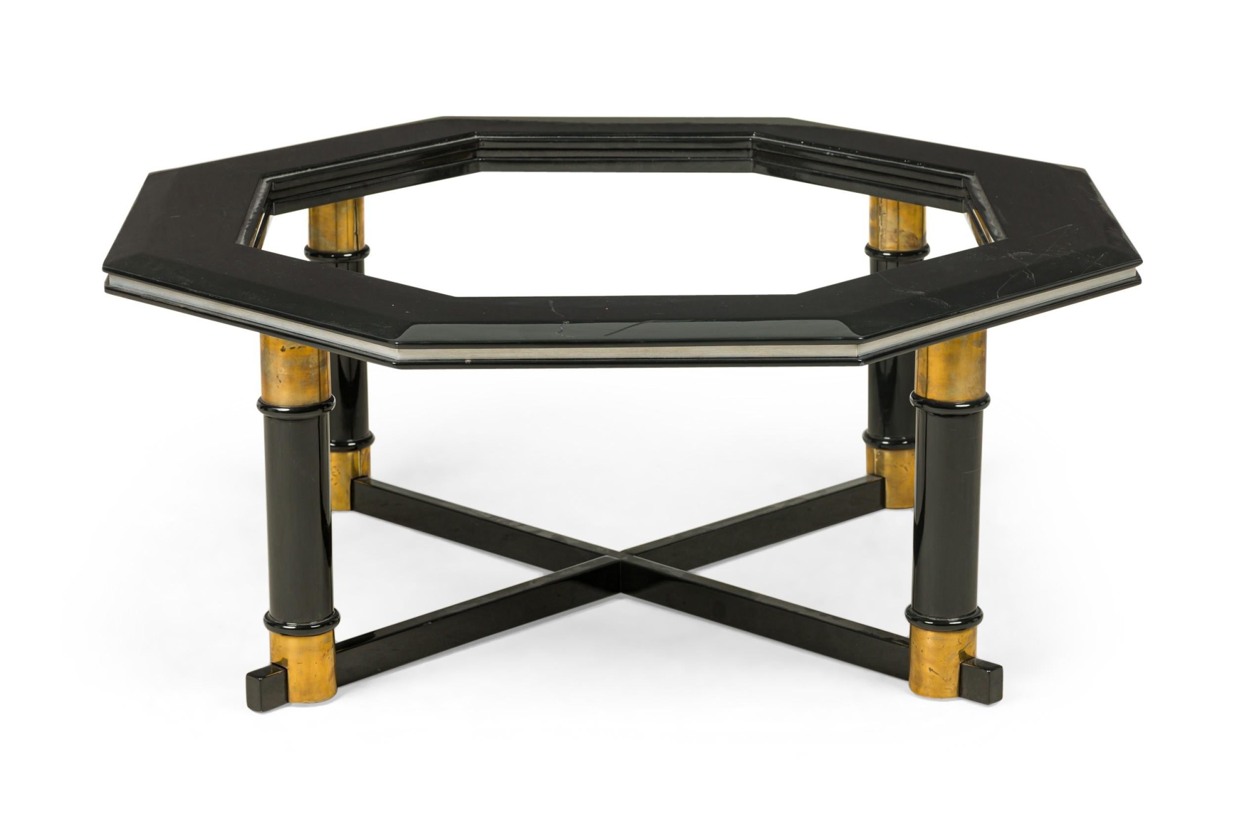 Mid-Century Modern James Mont Americna Black Lacquer and Brass Octagonal Low Coffee Table Frame For Sale