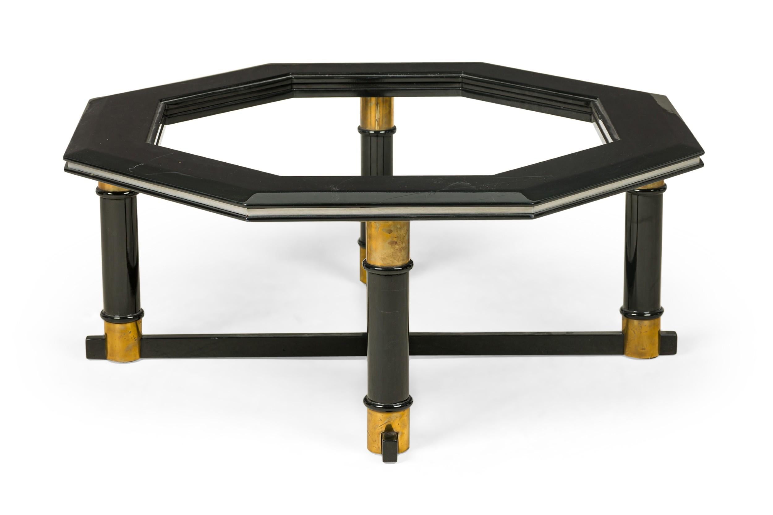 American James Mont Americna Black Lacquer and Brass Octagonal Low Coffee Table Frame For Sale