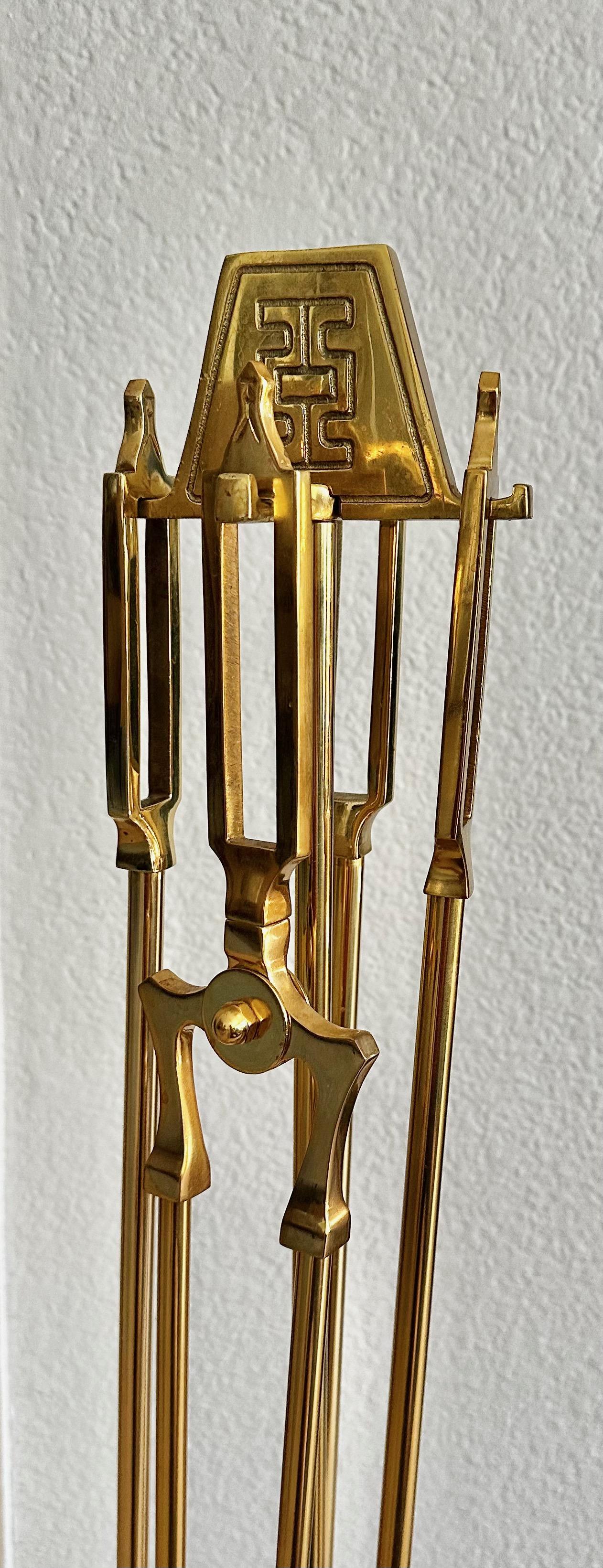 James Mont Asian Brass Fireplace Tool Set For Sale 9