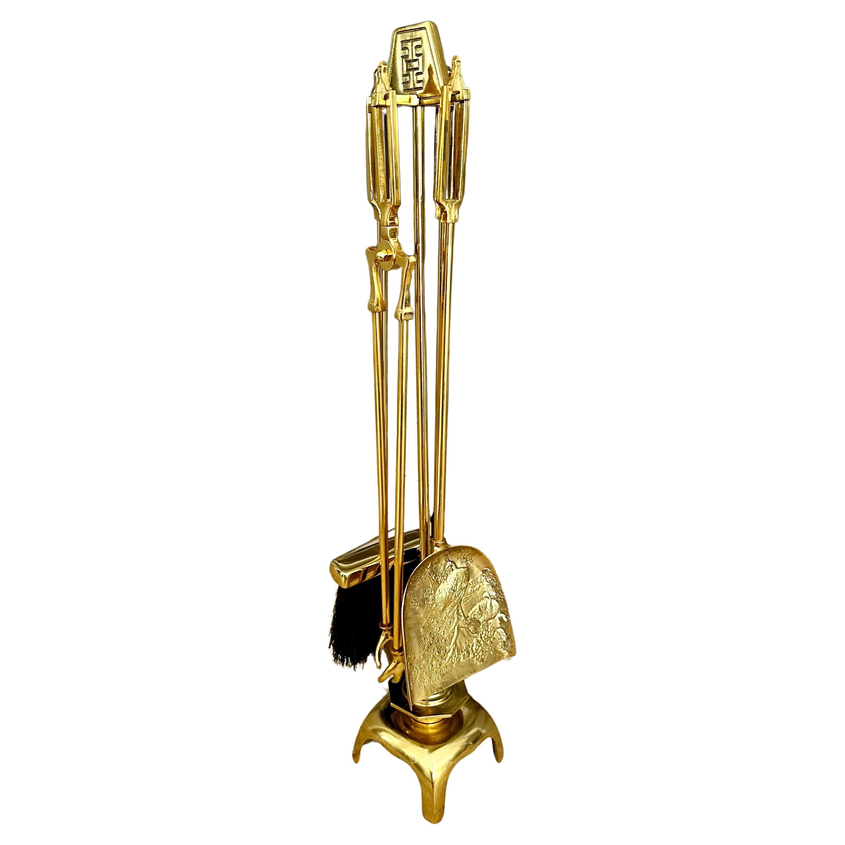 James Mont Asian Brass Fireplace Tool Set For Sale