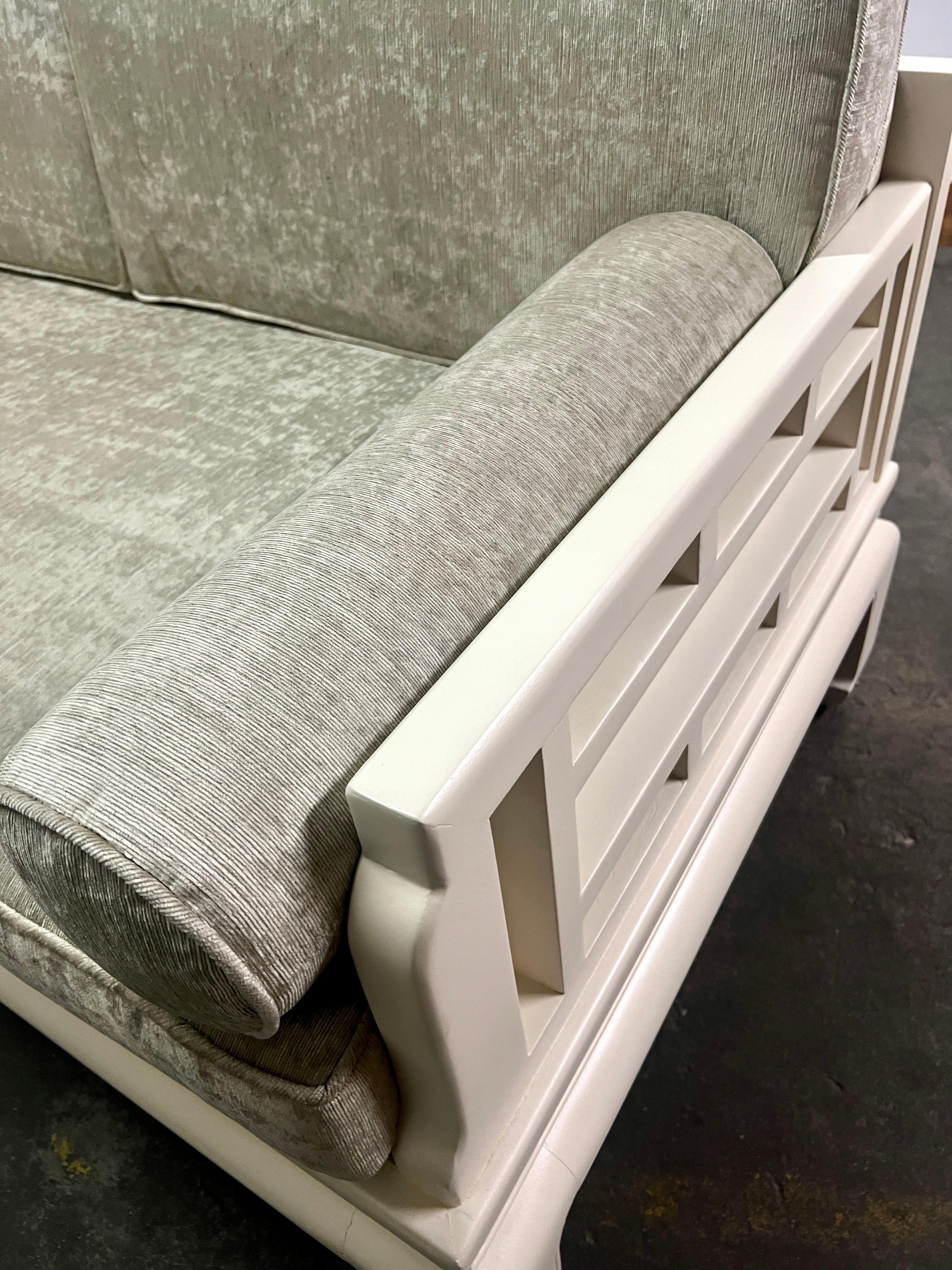 Mid-Century Modern James Mont Asian Love Seat with Velvet Cushions and Bolsters For Sale
