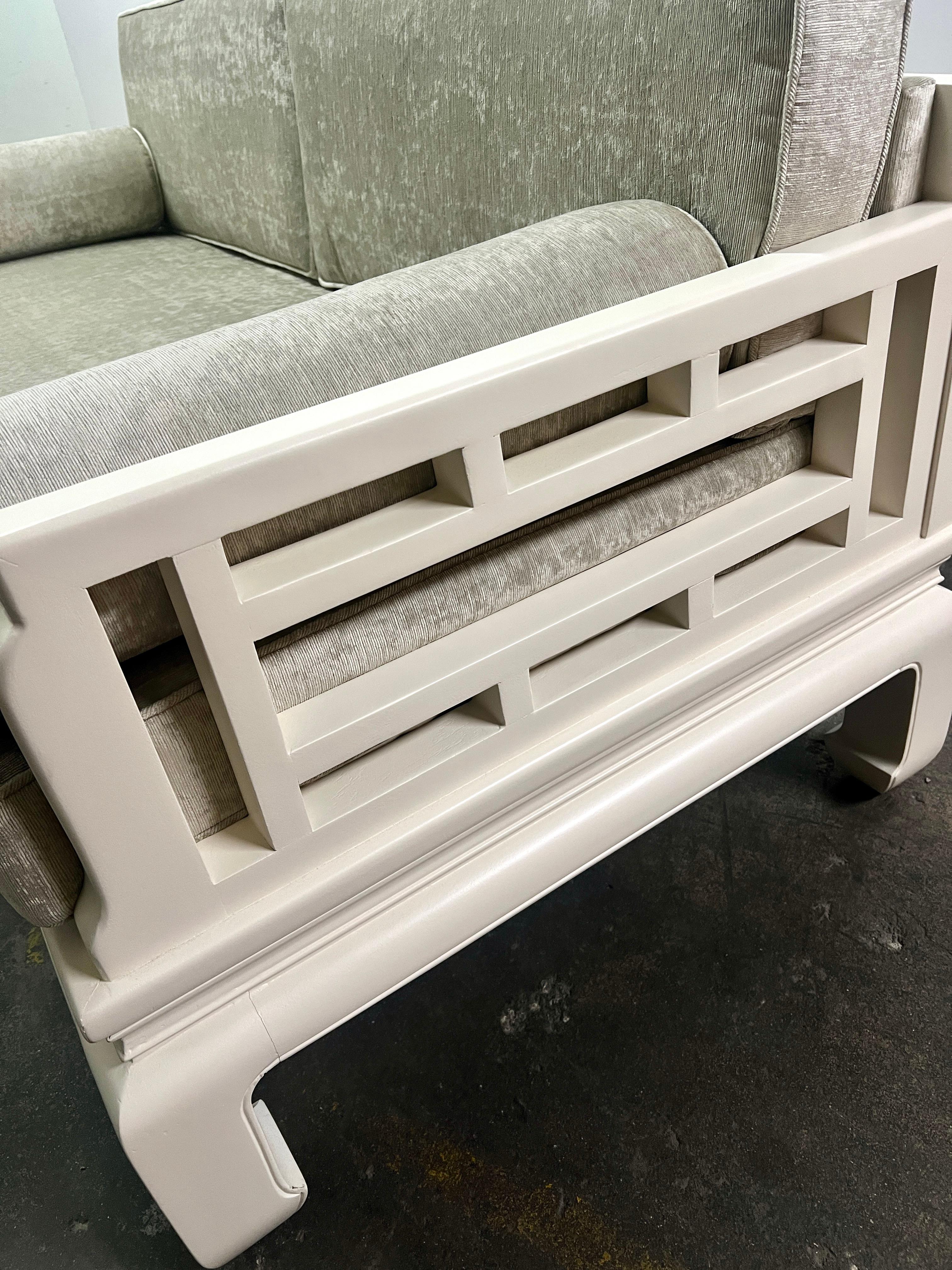 Hand-Crafted James Mont Asian Love Seat with Velvet Cushions and Bolsters For Sale