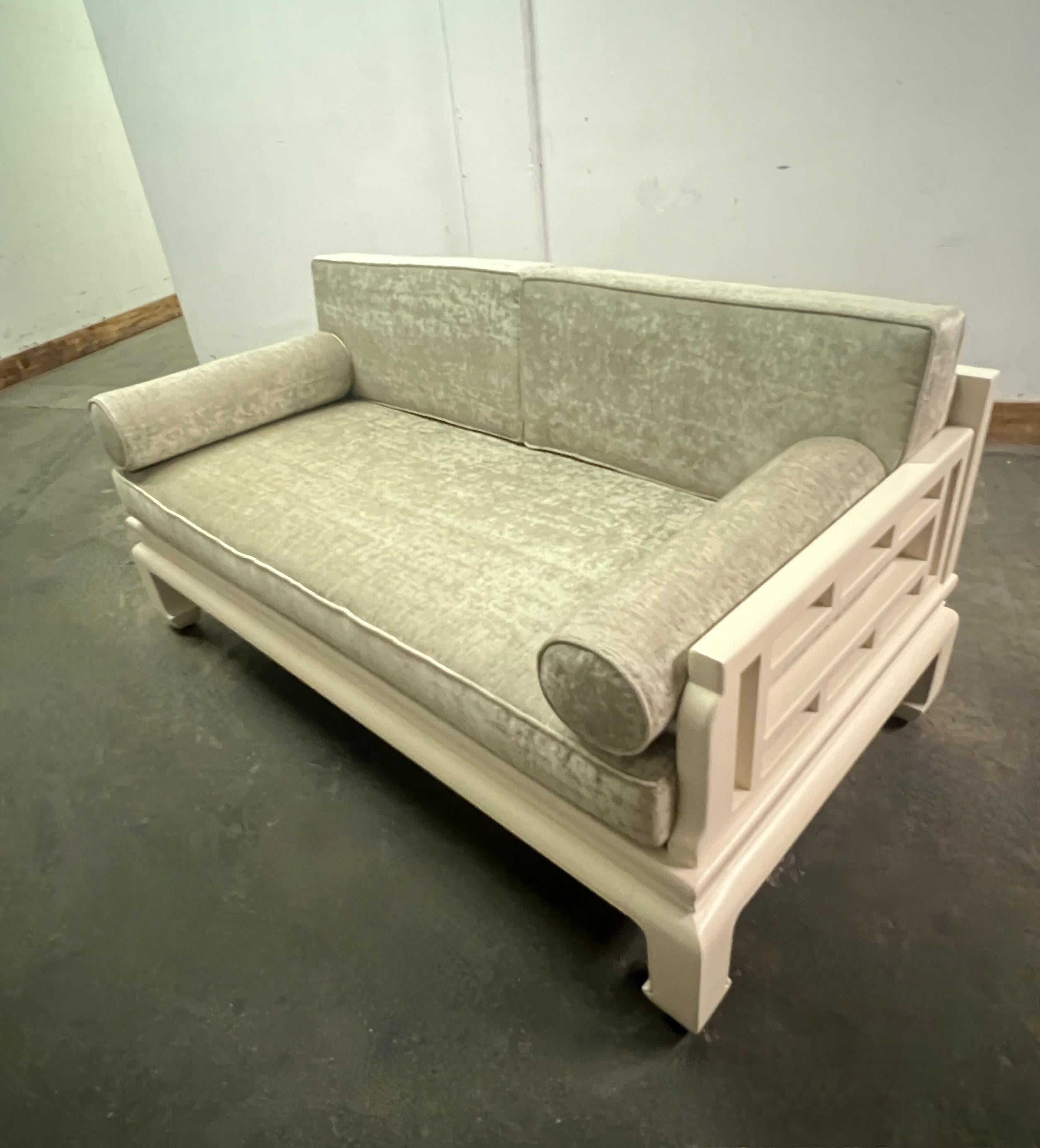 Upholstery James Mont Asian Love Seat with Velvet Cushions and Bolsters For Sale