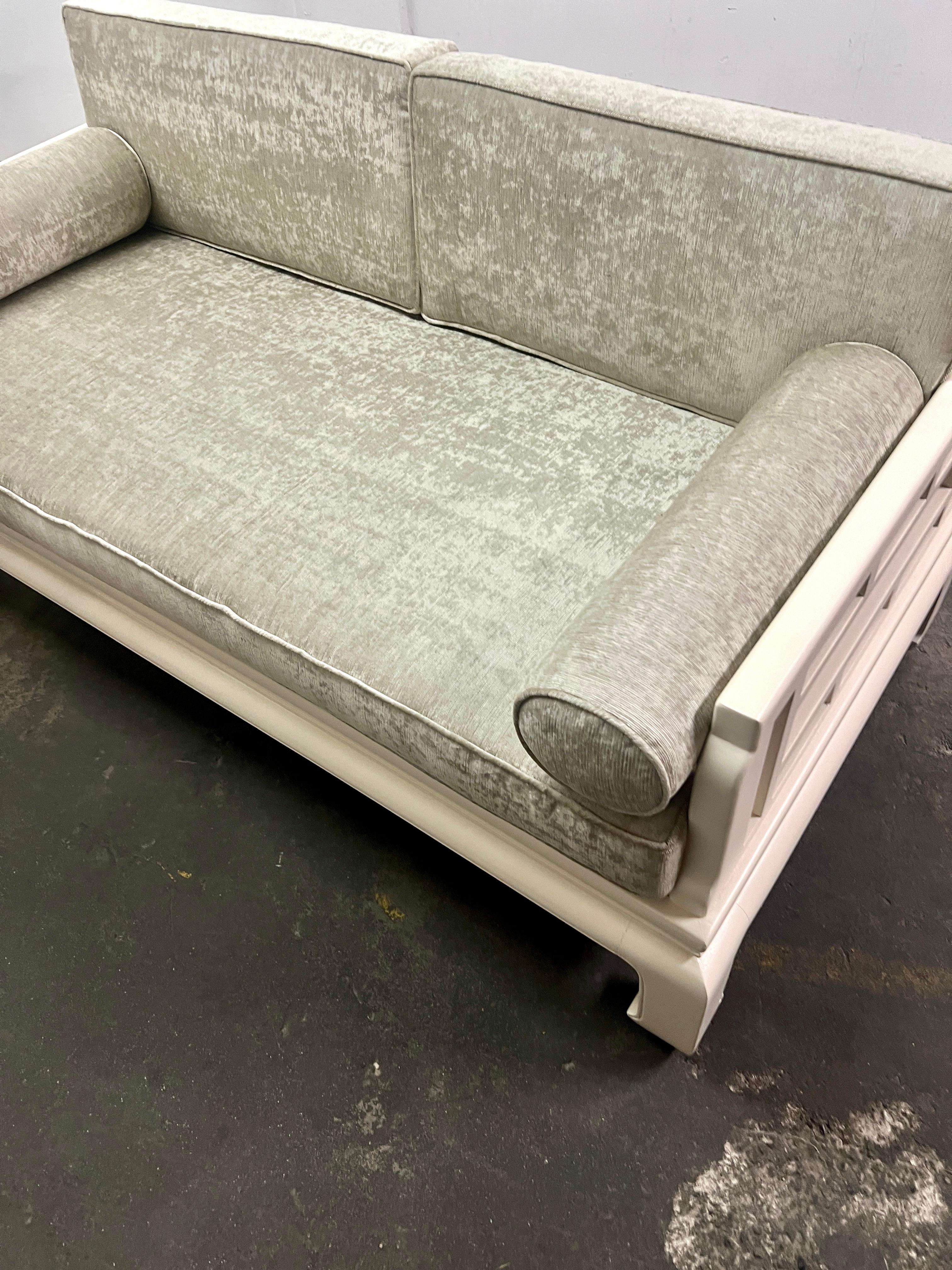 James Mont Asian Love Seat with Velvet Cushions and Bolsters For Sale 1