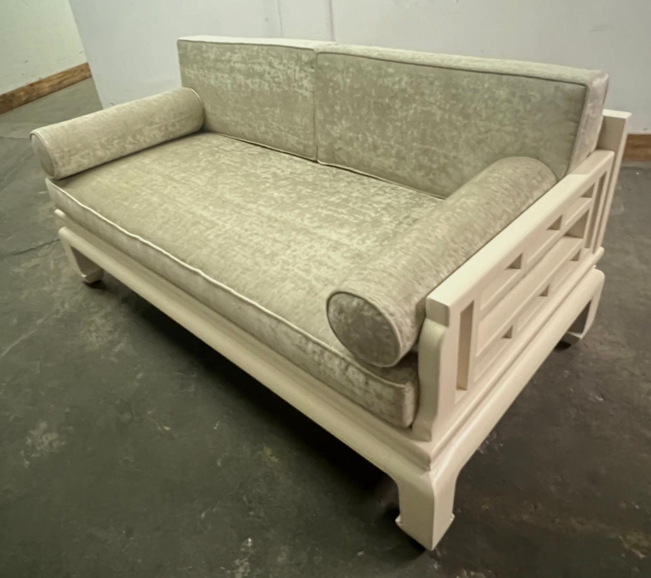 James Mont Asian Love Seat with Velvet Cushions and Bolsters For Sale 2