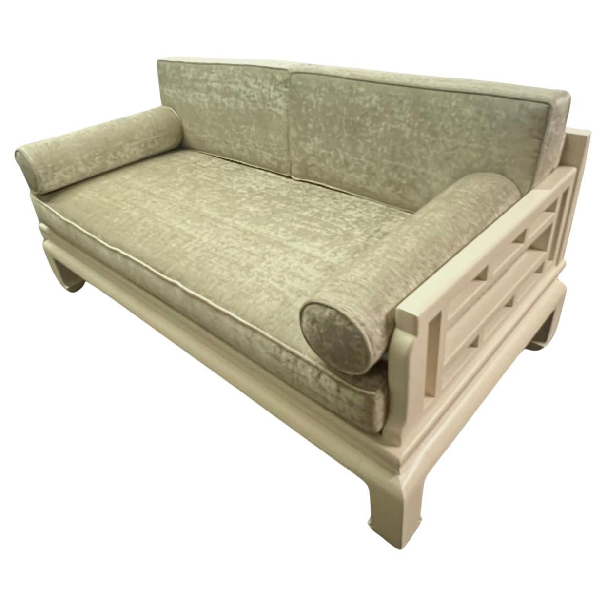 James Mont Asian Love Seat with Velvet Cushions and Bolsters For Sale
