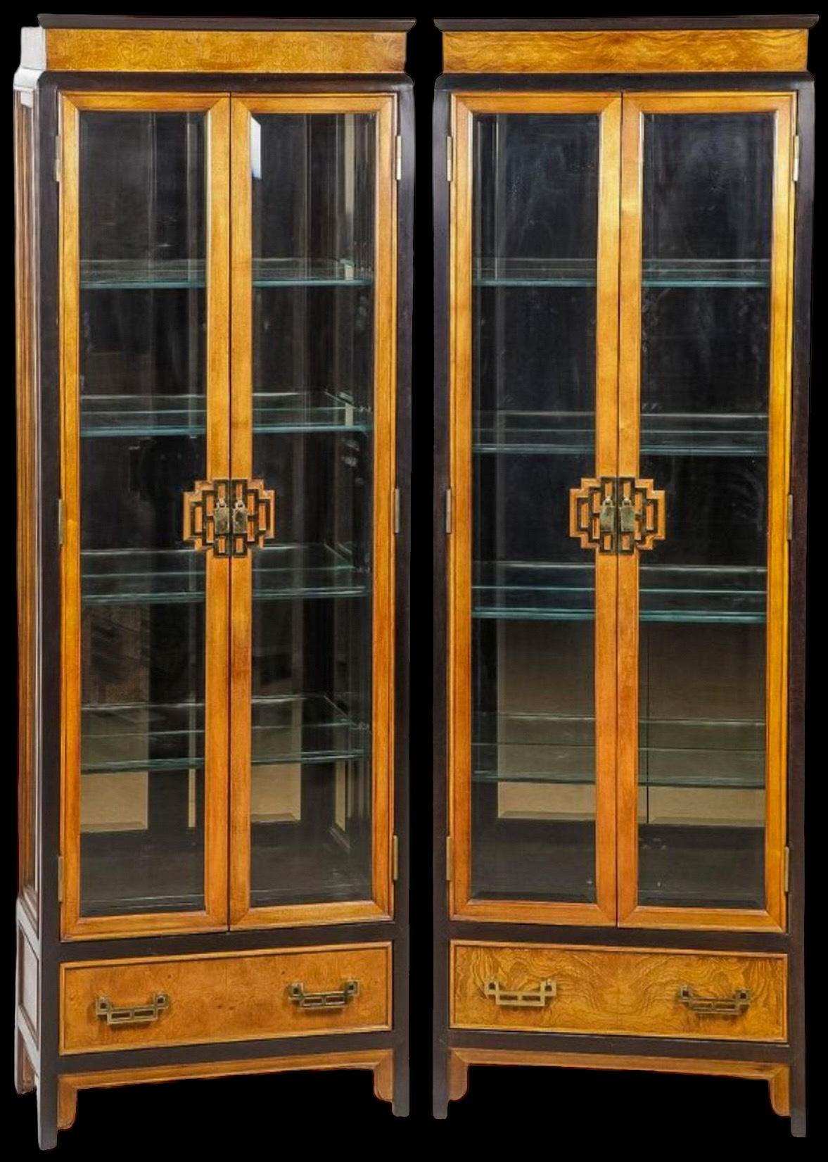 James Mont Asian Modern Style Burl & Brass Vitrines / Display Cabinets - Pair In Good Condition For Sale In Kennesaw, GA