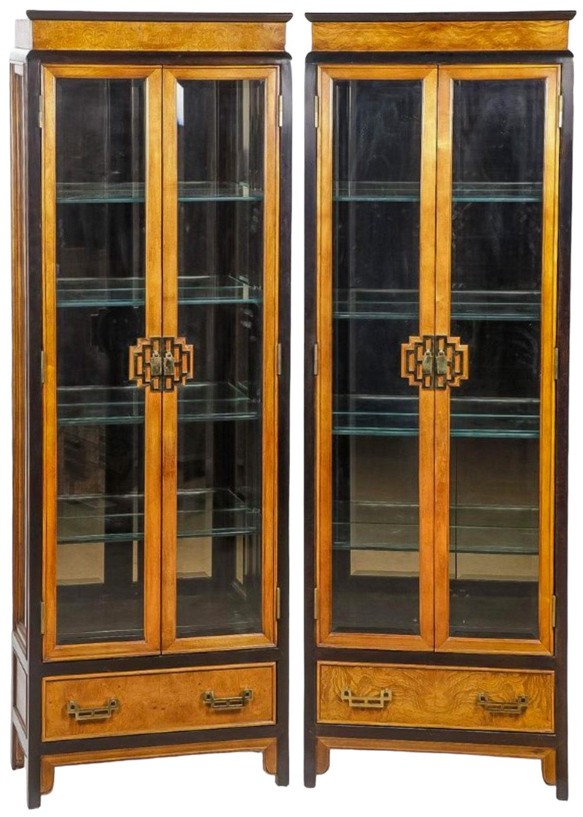 James Mont Asian Modern Style Burl & Brass Vitrines / Display Cabinets - Pair For Sale 3