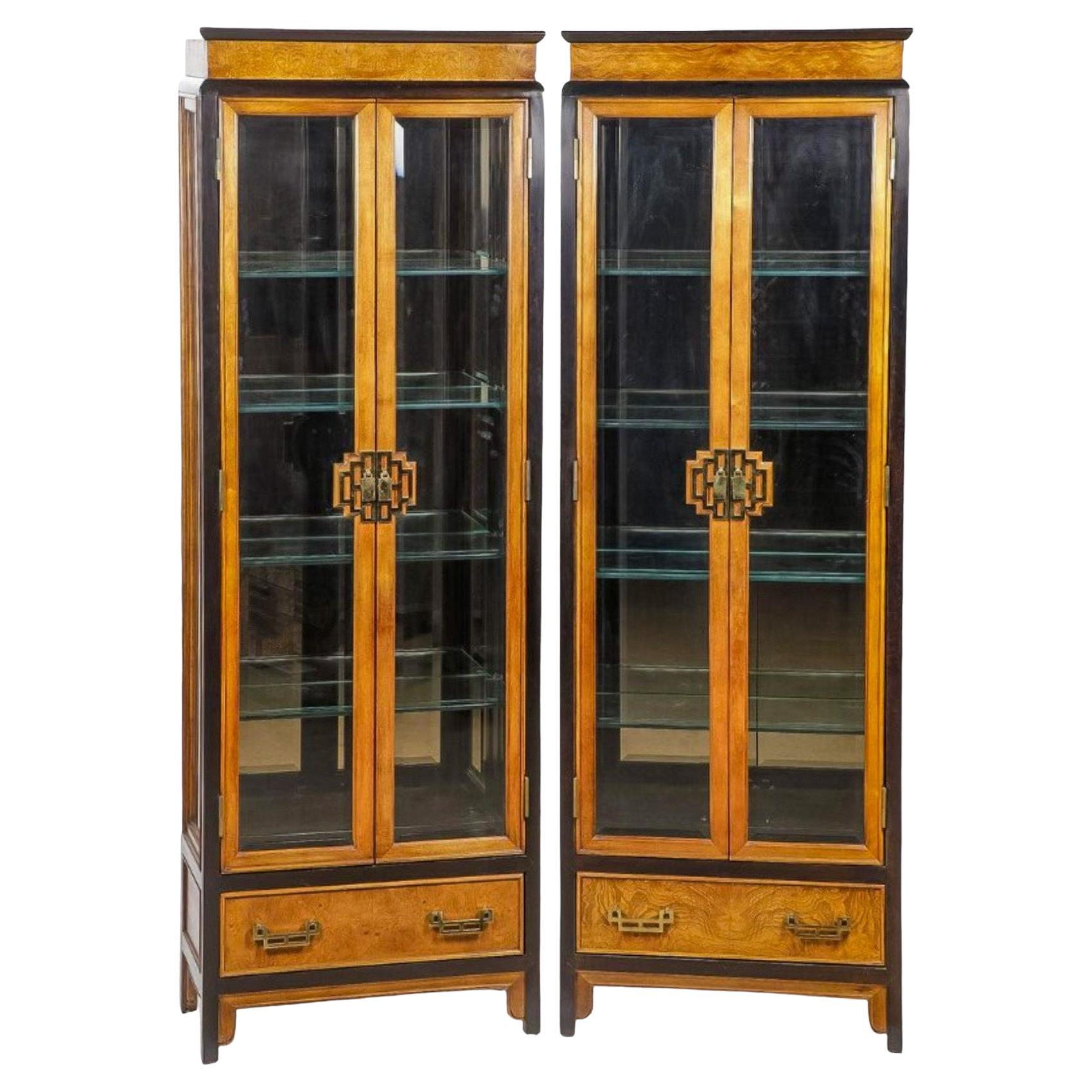 James Mont Asian Modern Style Burl & Brass Vitrines / Display Cabinets - Pair For Sale