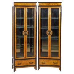 James Mont Asian Modern Style Burl & Brass Vitrines / Display Cabinets - Pair
