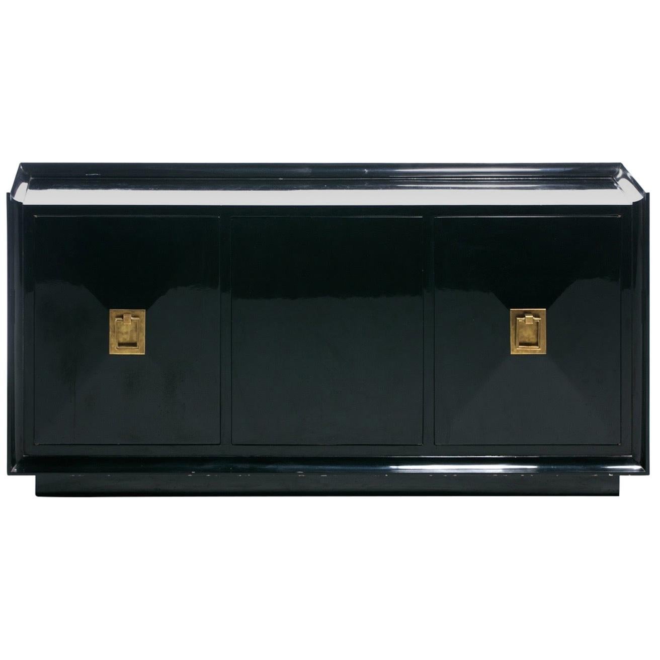 James Mont Attributed Black Lacquered Sideboard or Bar Cabinet, circa 1940s For Sale