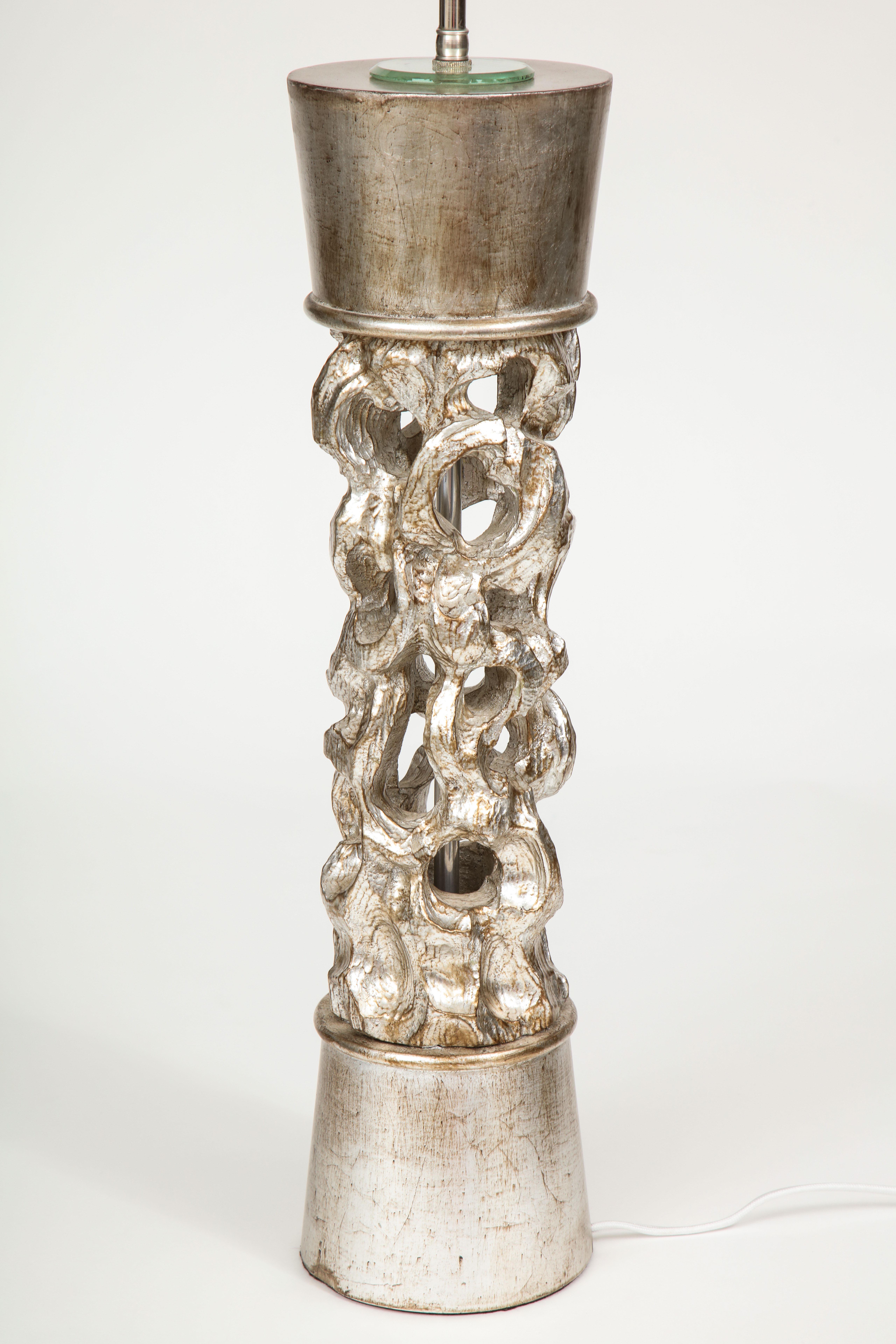 Art Deco James Mont Carved, Silvered Column Lamp For Sale