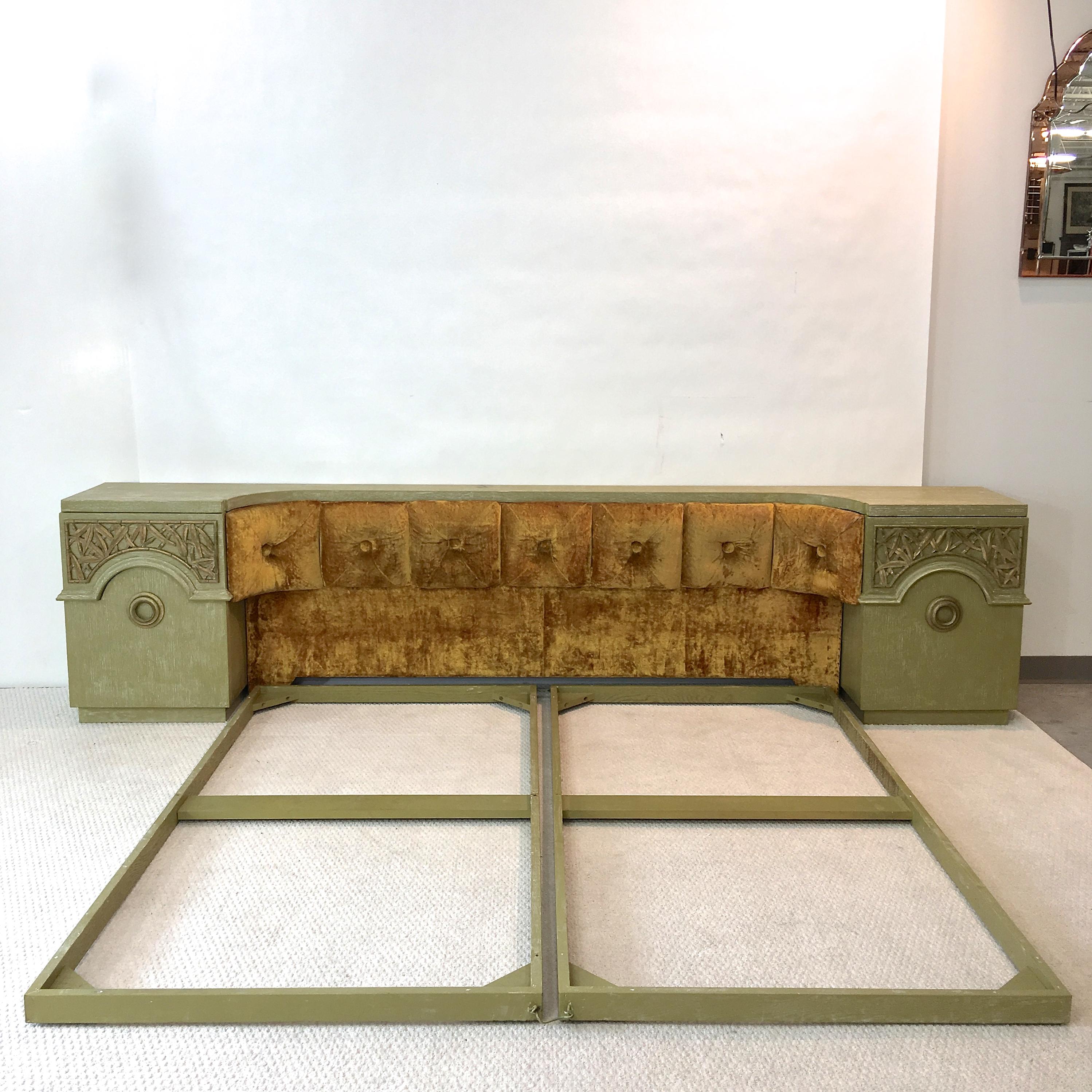 Original signed James Mont Designs upholstered king size headboard with integrated nightstands and two-piece platform bed frame on ball casters. 
Bed platform, cabinets and headboard bridge shelf all of pistachio green lime washed oak. Refinished