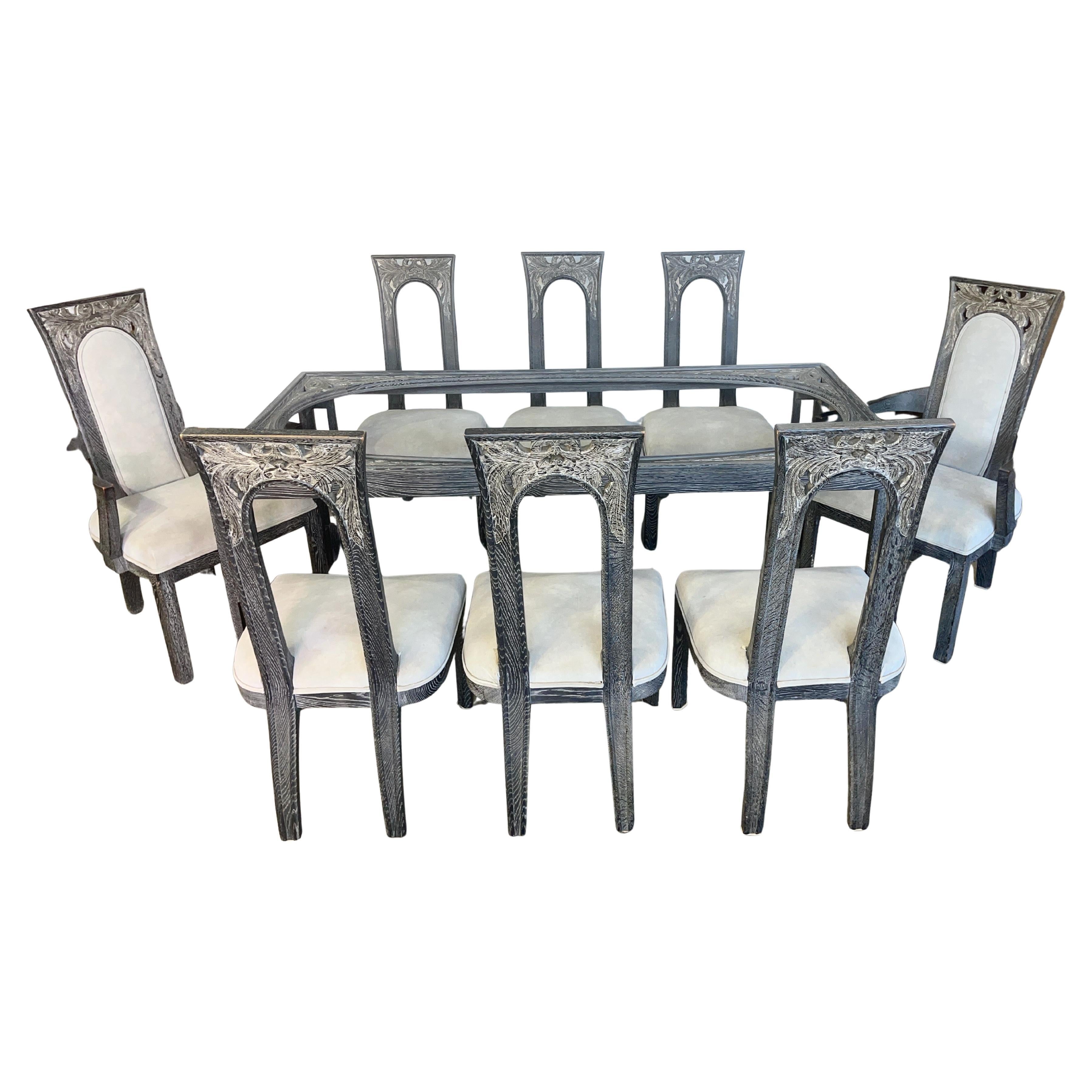 James Mont Cerused Oak Dining Table and 8 Chairs For Sale