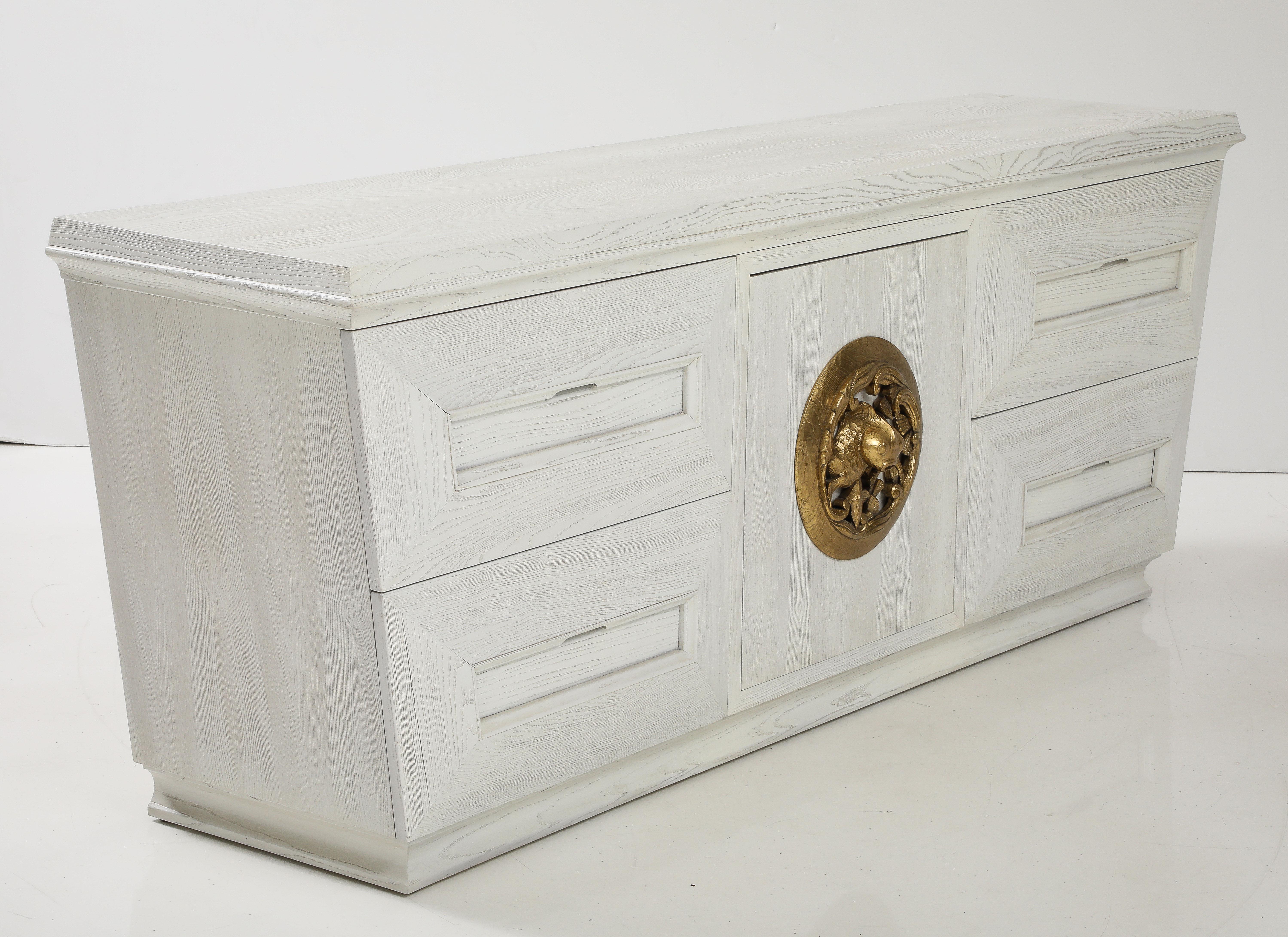 Rare, made to order Koi cabinet featuring solid oak construction which has a custom white/sand cerused, wire brush finish. Cabinet features 4 large deep drawers and a center compartment with 1 shelf. Center compartment adorned with a heavily hand