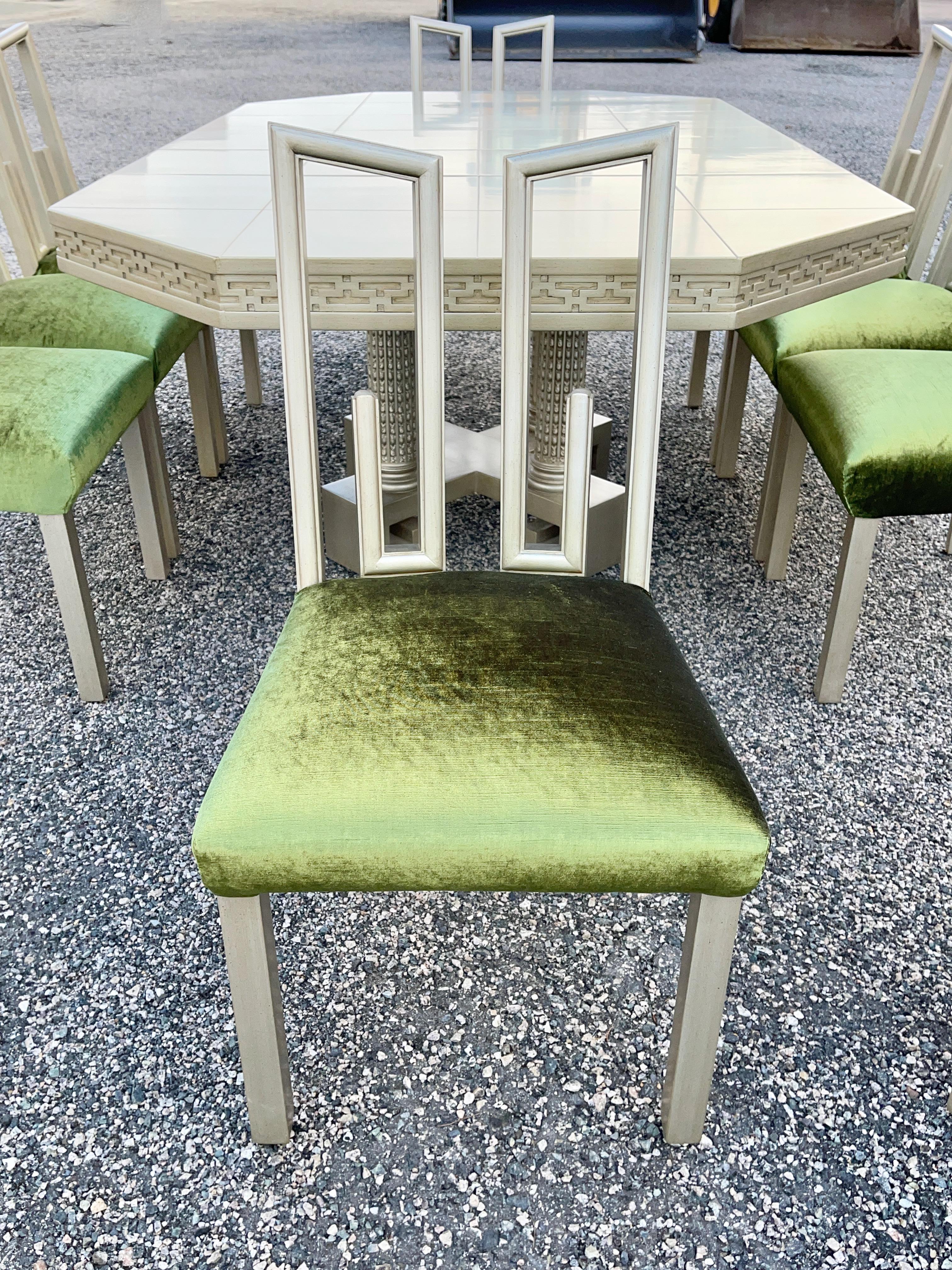 Table de salle à manger Greek Key de James Mont Designs et 10 chaises argentées et vertes en vente 7