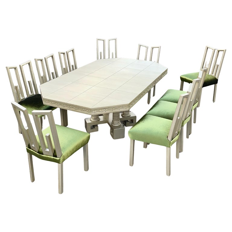 James Mont Designs Greek Key Dining Table and 10 Chairs Silver and