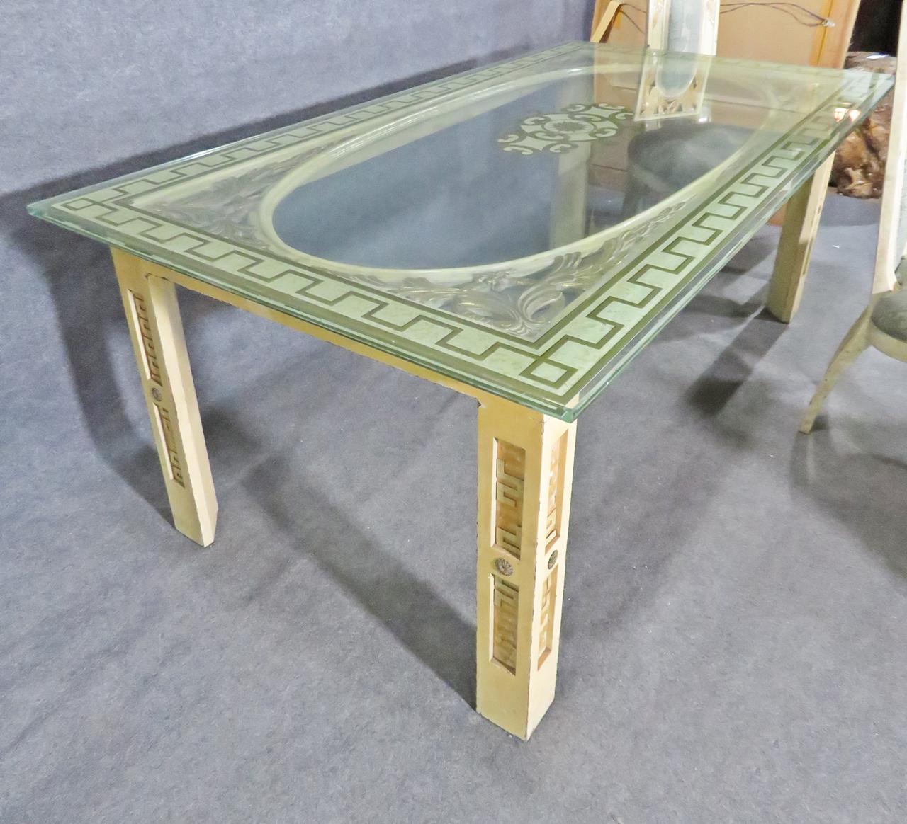 French James Mont Dining Set Painted Gilded Mid-Century Modern Eglomise Glass Top Table