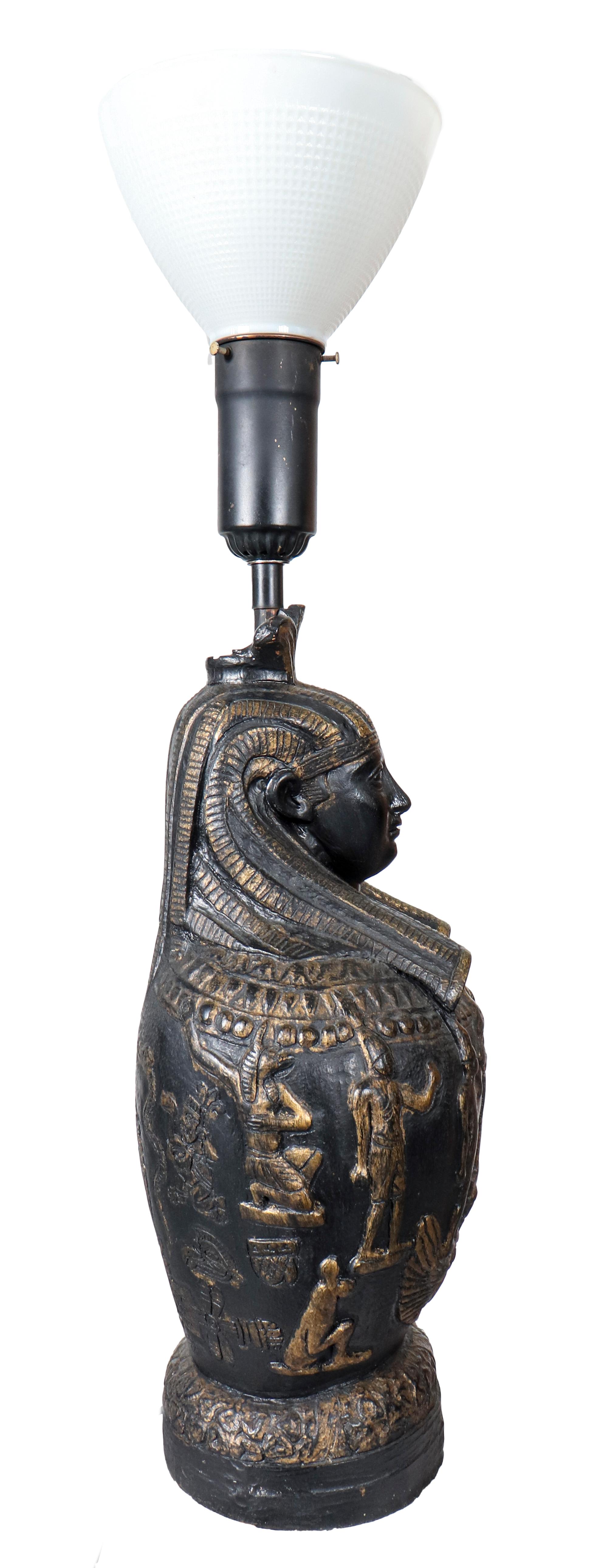 Ebonized James Mont Egyptian Canopic Jar Table Lamp For Sale