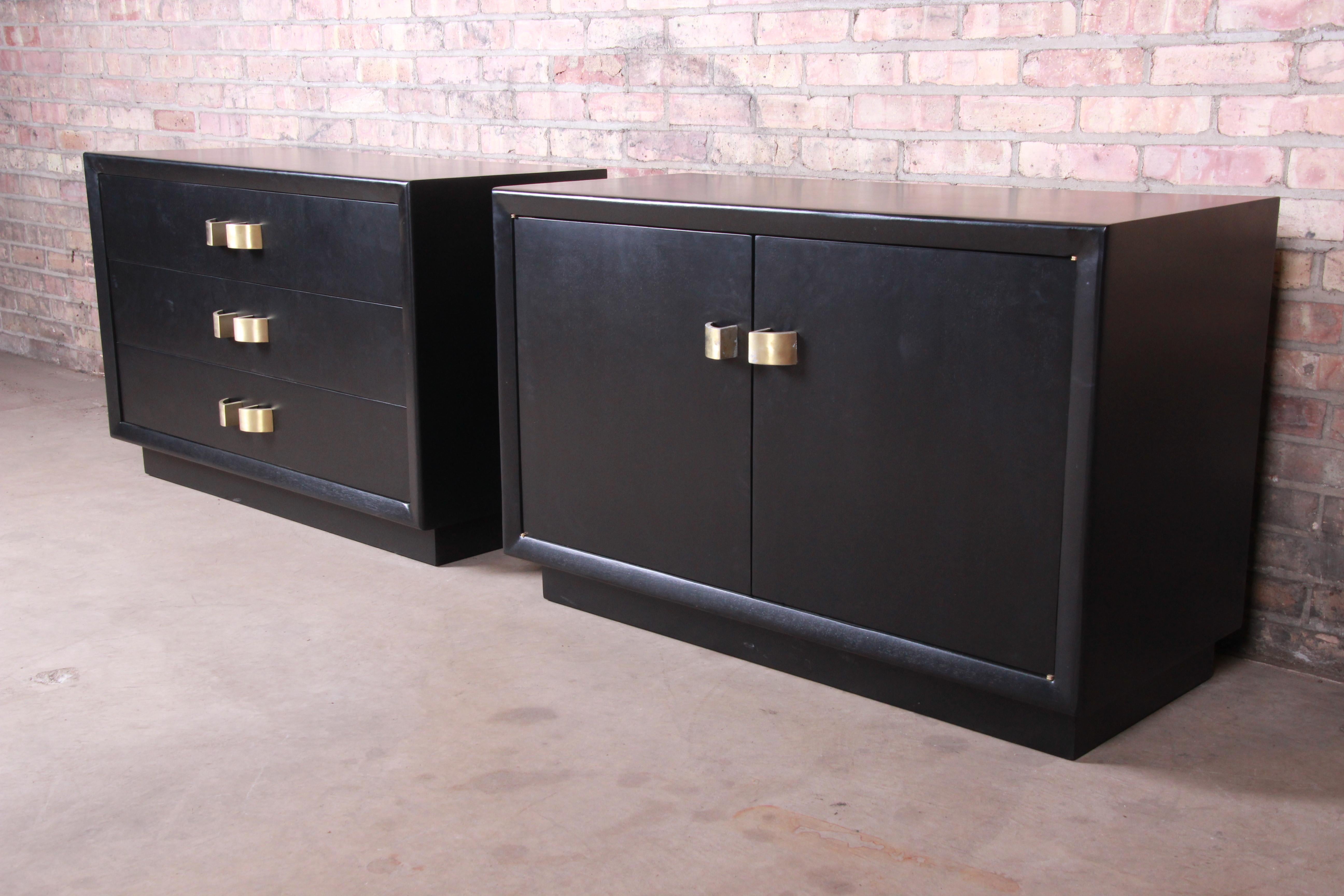 Mid-Century Modern James Mont Hollywood Regency Ebonized Chests or Large Nightstands, Restored