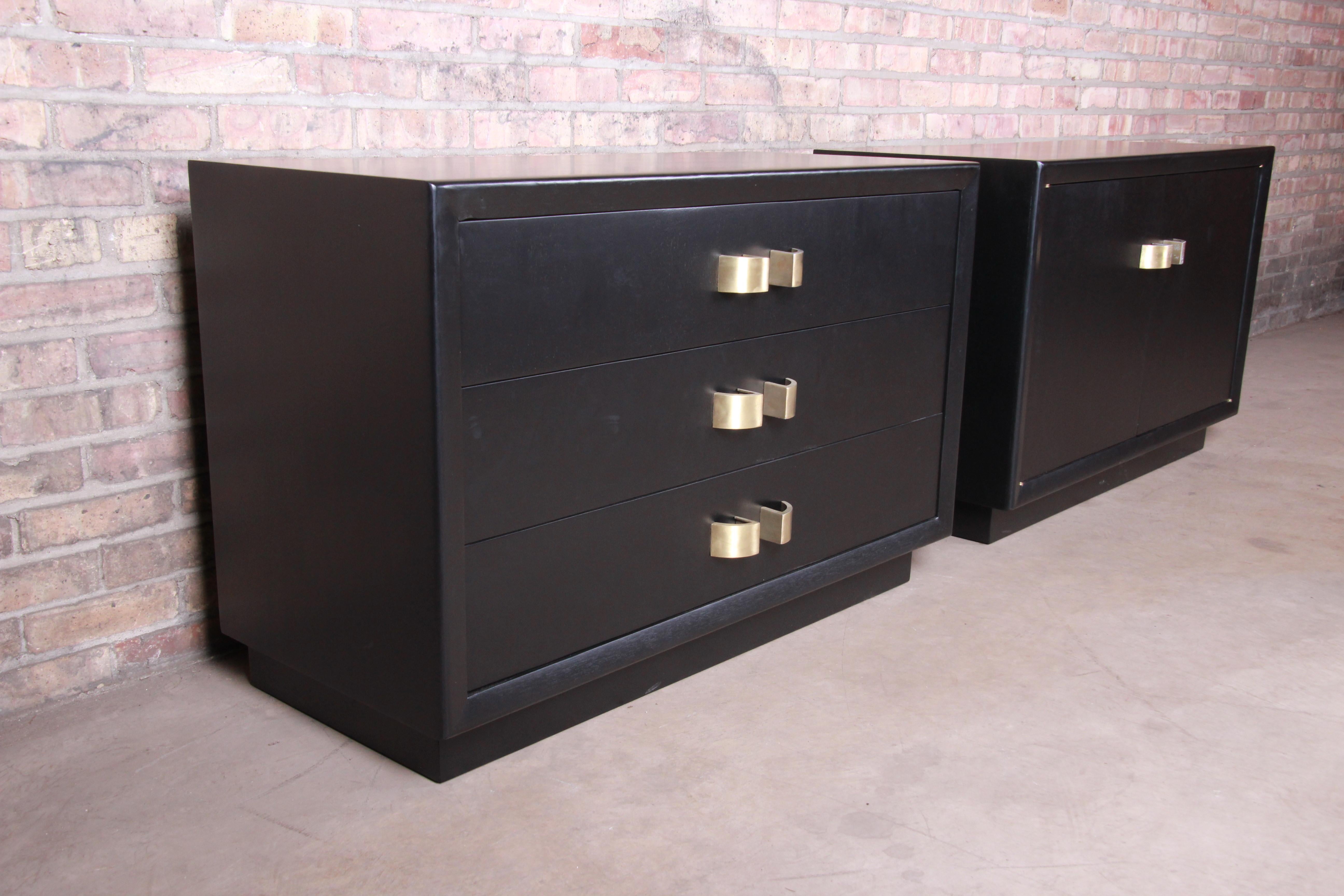 James Mont Hollywood Regency Ebonized Chests or Large Nightstands, Restored In Good Condition In South Bend, IN