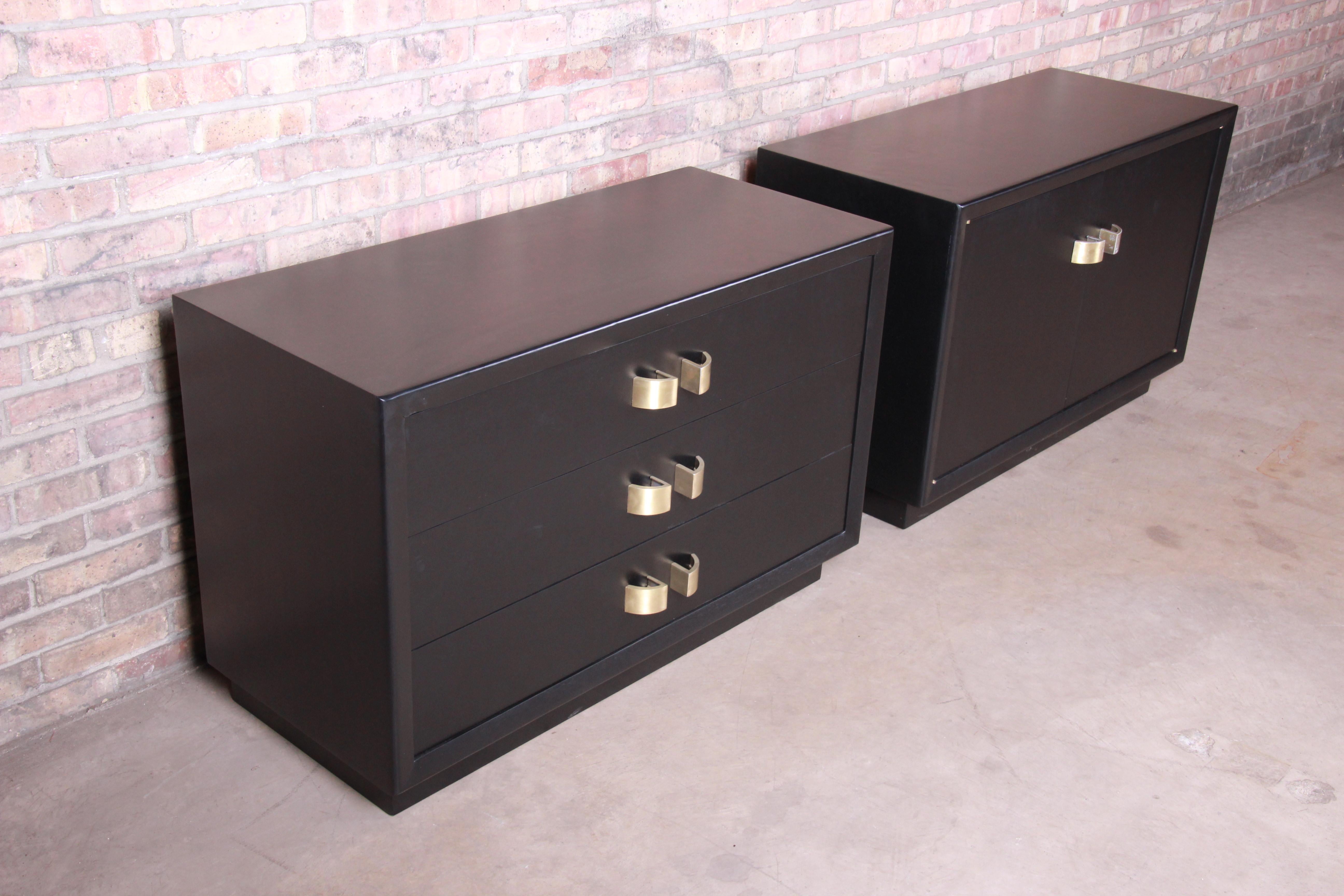 20th Century James Mont Hollywood Regency Ebonized Chests or Large Nightstands, Restored