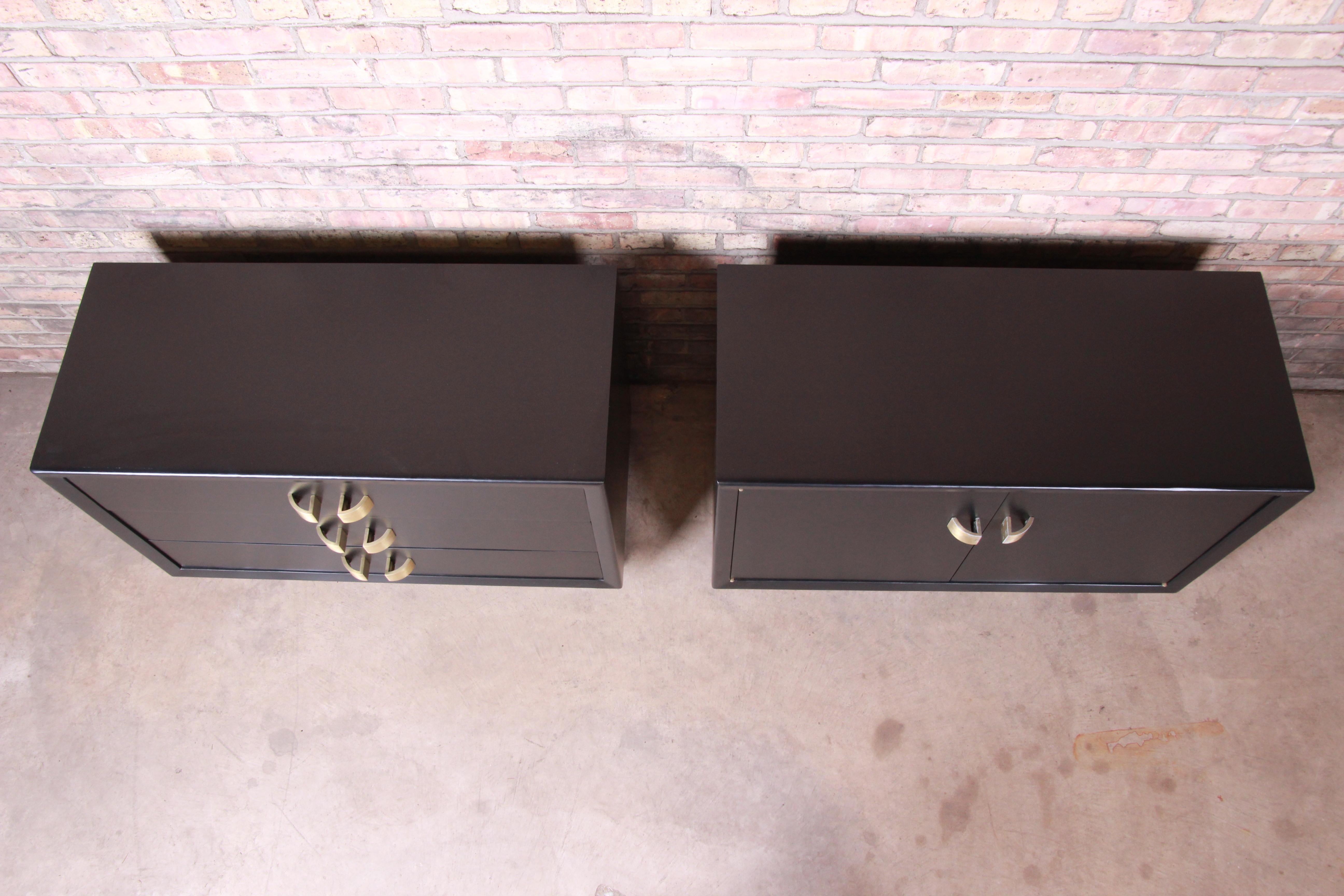 Brass James Mont Hollywood Regency Ebonized Chests or Large Nightstands, Restored
