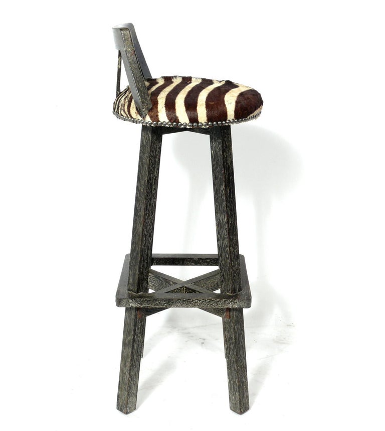 James Mont Limed Oak and Zebra Hide Bar Stools at 1stDibs