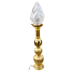 James Mont MCM Gilt Brass Candlestick Lamp With Frosted Glass Flame Shade