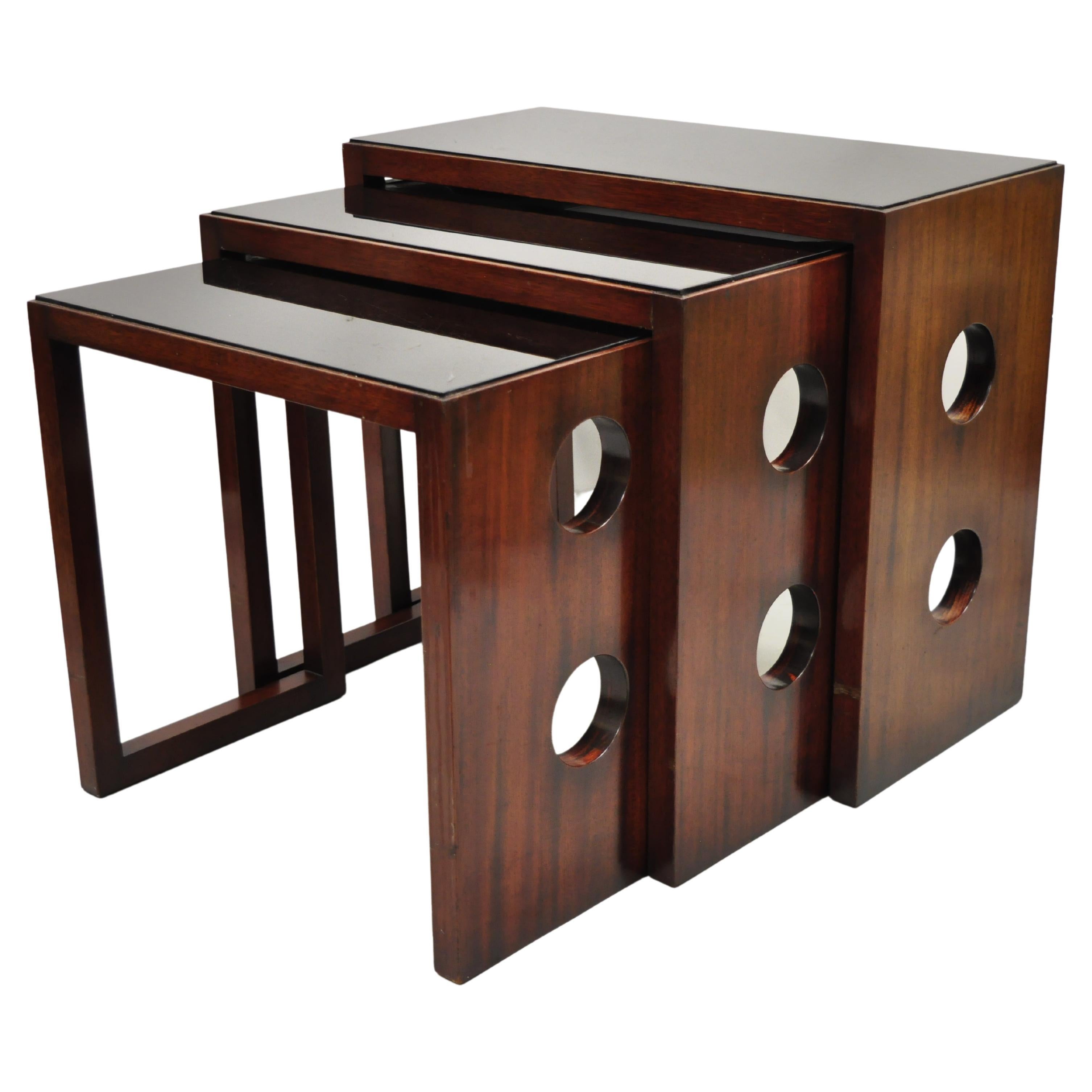 James Mont Mid-Century Modern Mahogany & Glass Top Art Deco Nesting Side Tables For Sale