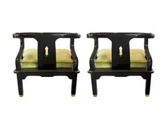 James Mont Ming Style Black Lacquer & Brass Chairs, a pair