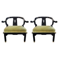 James Mont Ming Style Black Lacquer & Brass Chairs, a pair