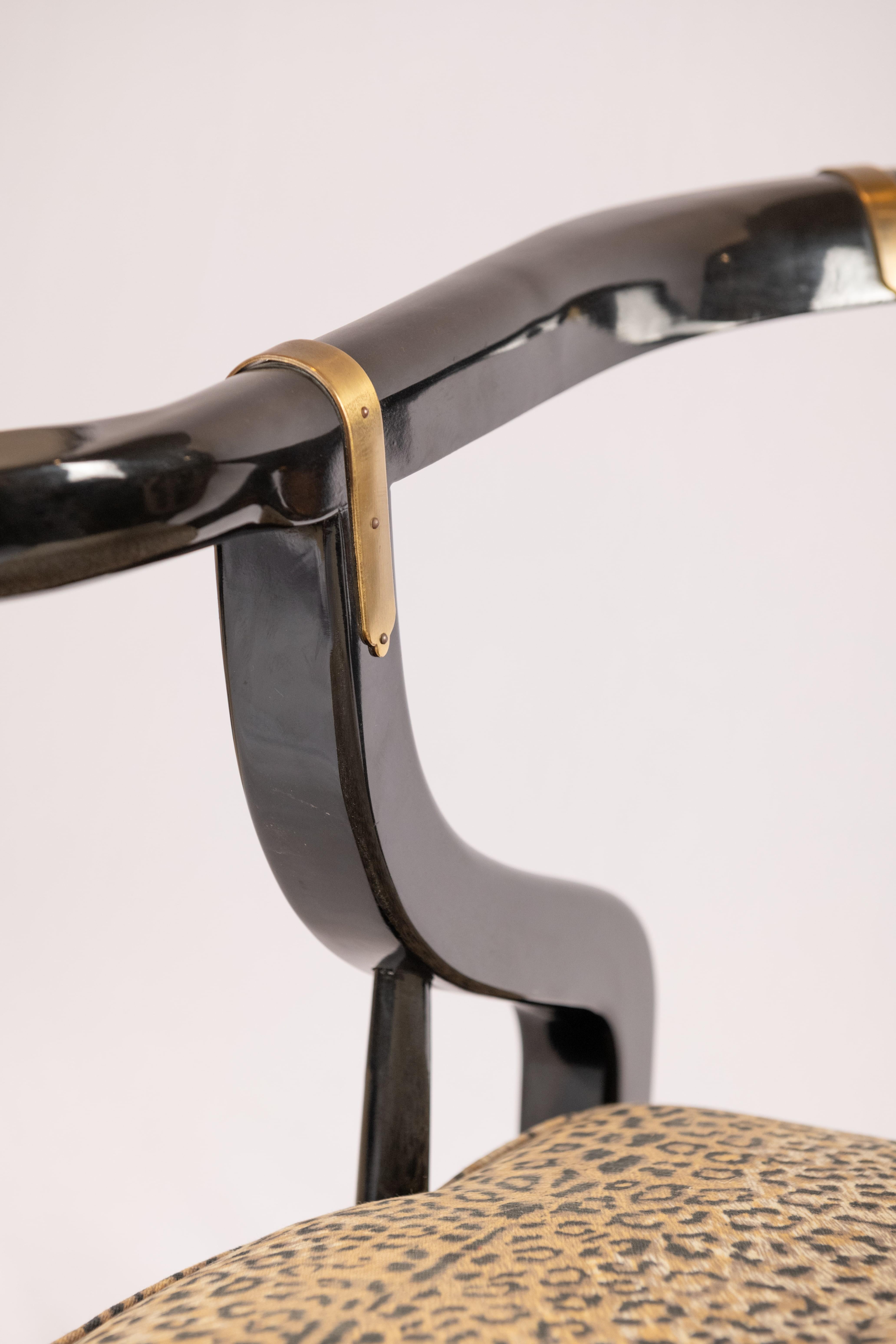 James Mont Ming Style Black Lacquer & Brass Chairs, a pair. Four available. For Sale 8