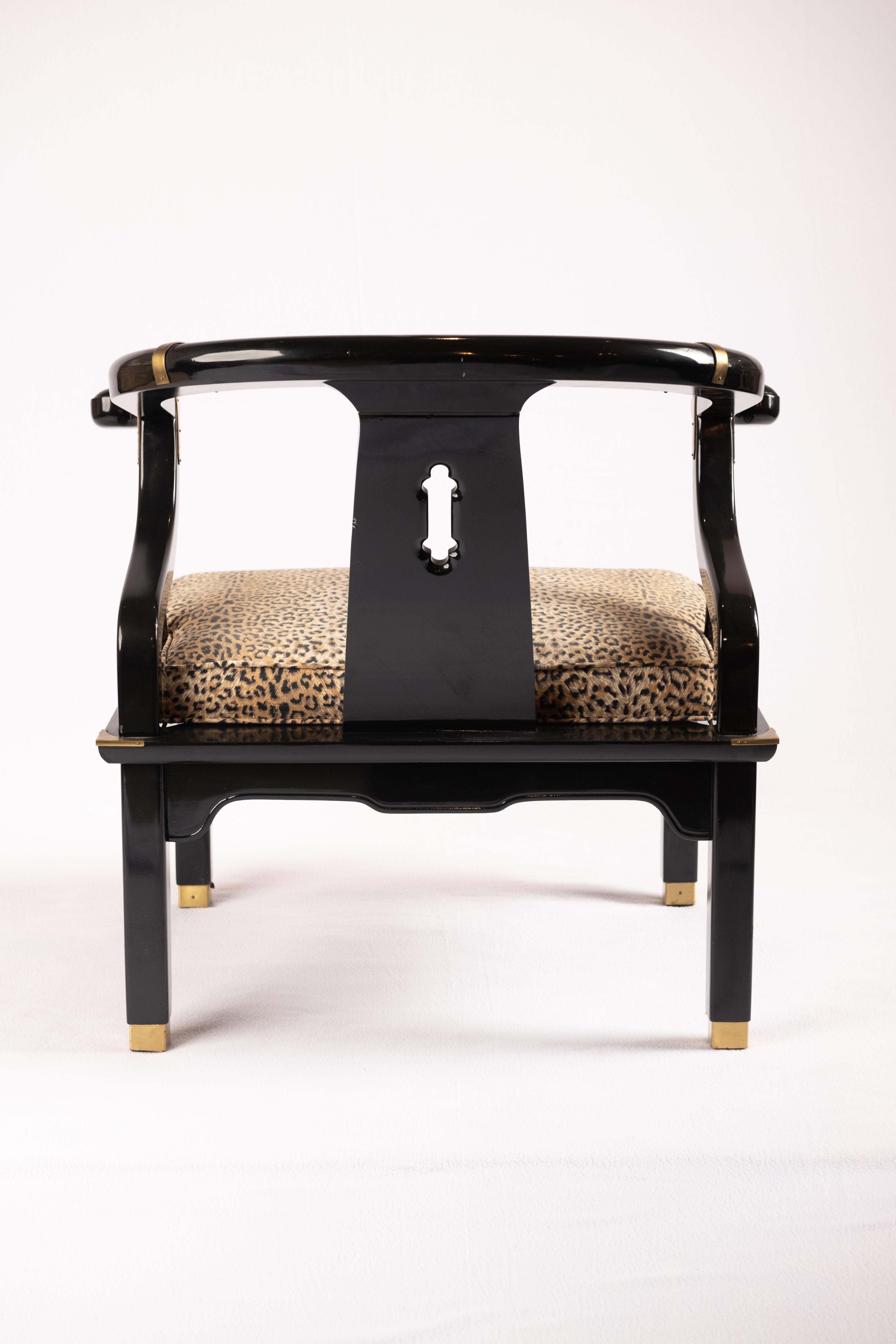Hollywood Regency James Mont Ming Style Black Lacquer & Brass Chairs, a pair. Four available. For Sale