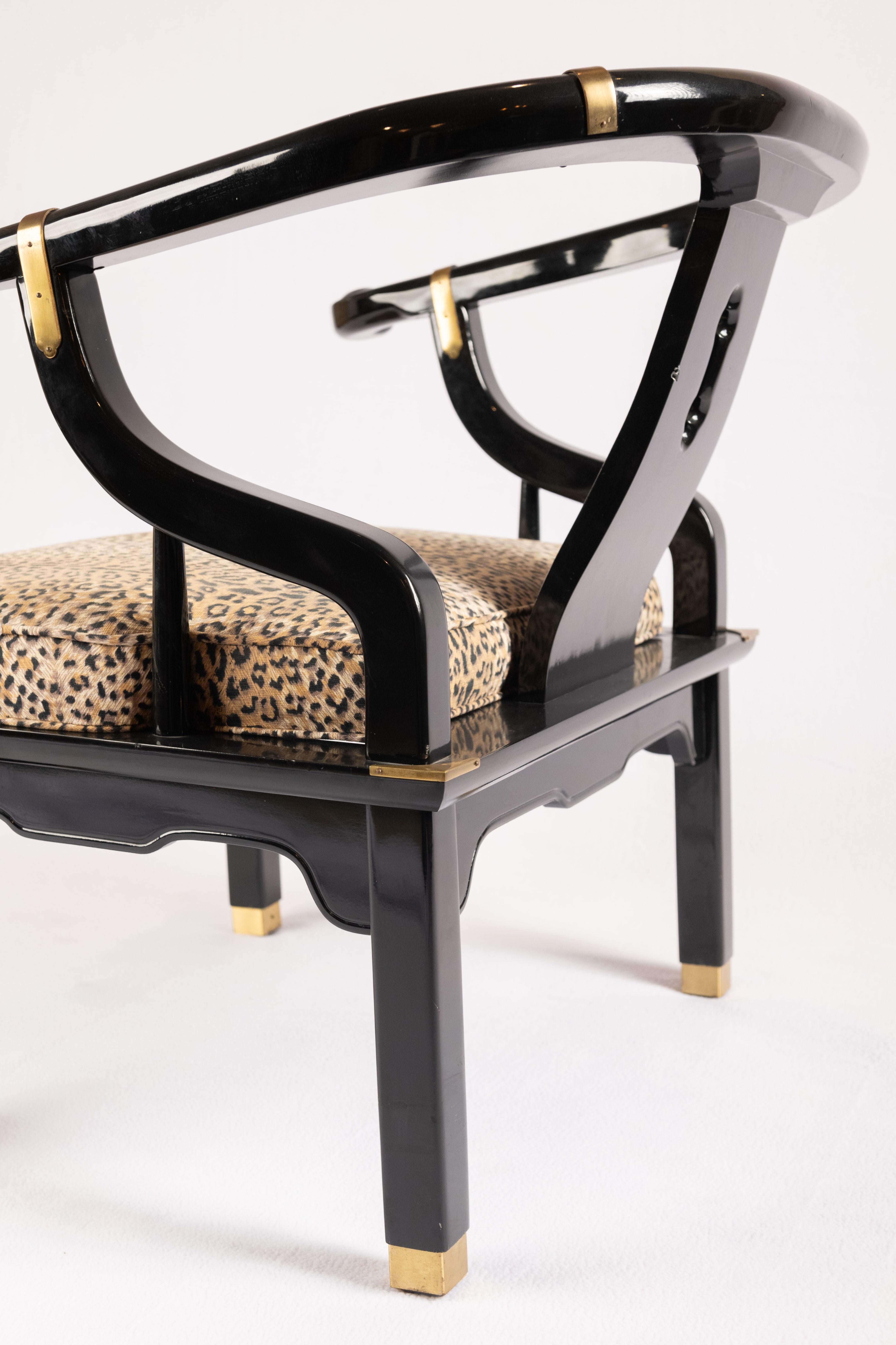 Lacquered James Mont Ming Style Black Lacquer & Brass Chairs, a pair. Four available. For Sale