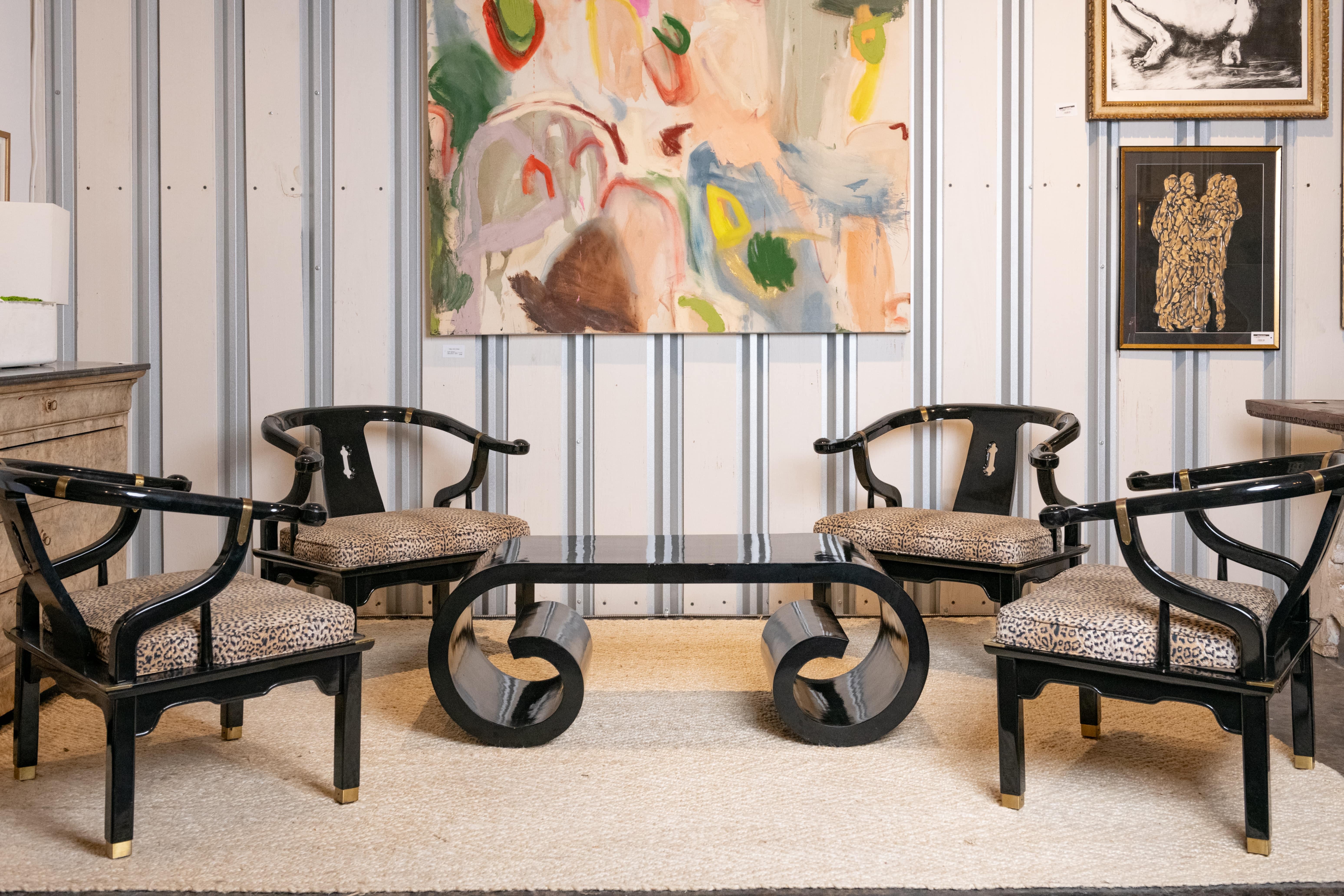 James Mont Ming Style Black Lacquer & Brass Chairs, a pair. Four available. In Good Condition For Sale In Wichita, KS