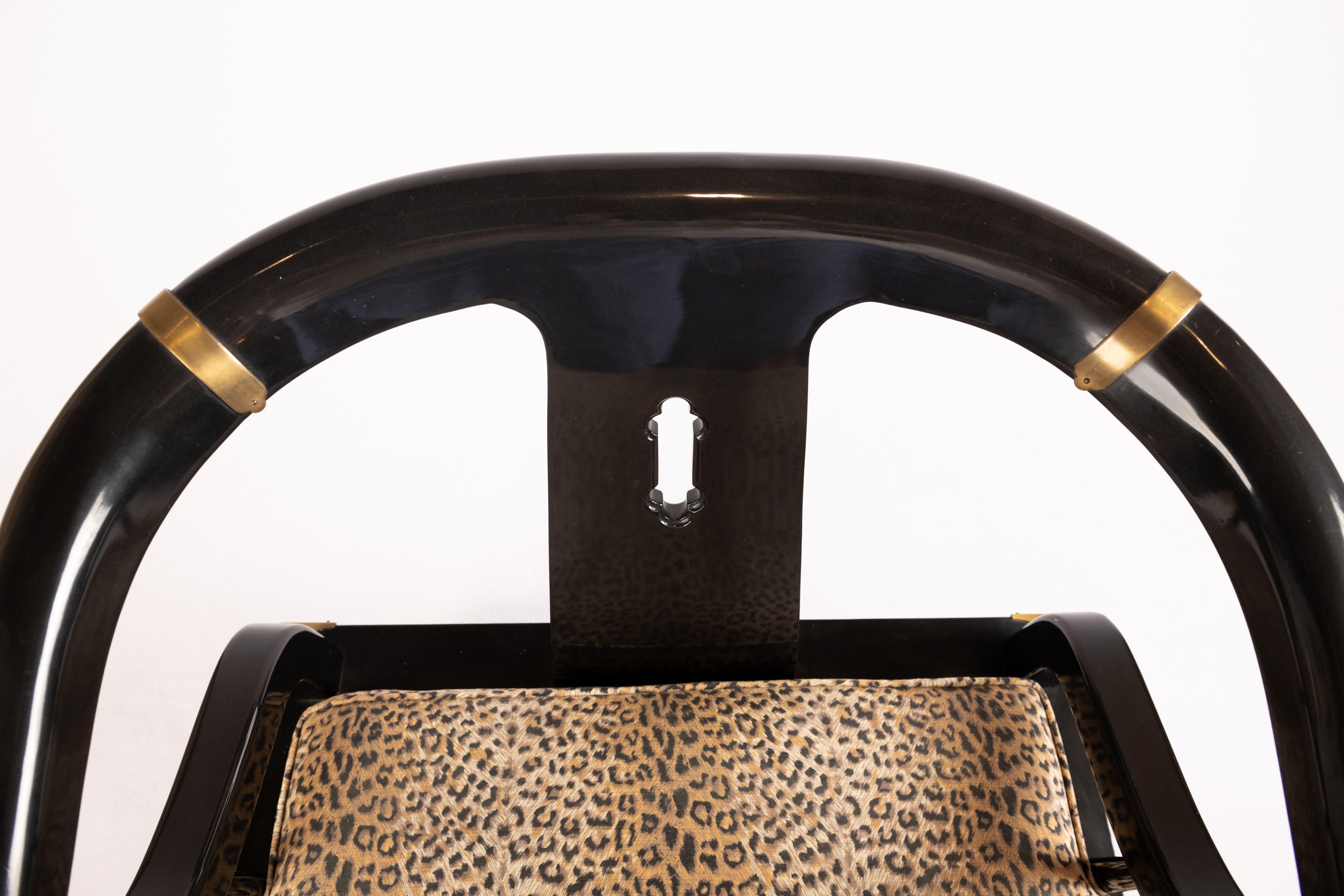 Late 20th Century James Mont Ming Style Black Lacquer & Brass Chairs, a pair. Four available. For Sale