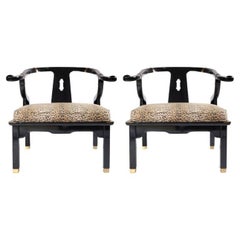 James Mont Ming Style Black Lacquer & Brass Chairs, a pair. Four available.